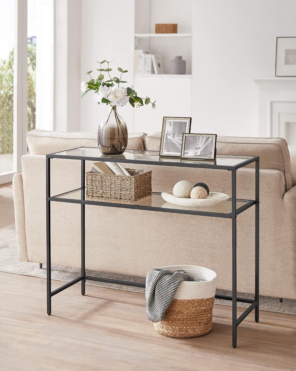 VASAGLE 39.4 Inchs Console Sofa Table, Tempered Glass, 2 Shelves