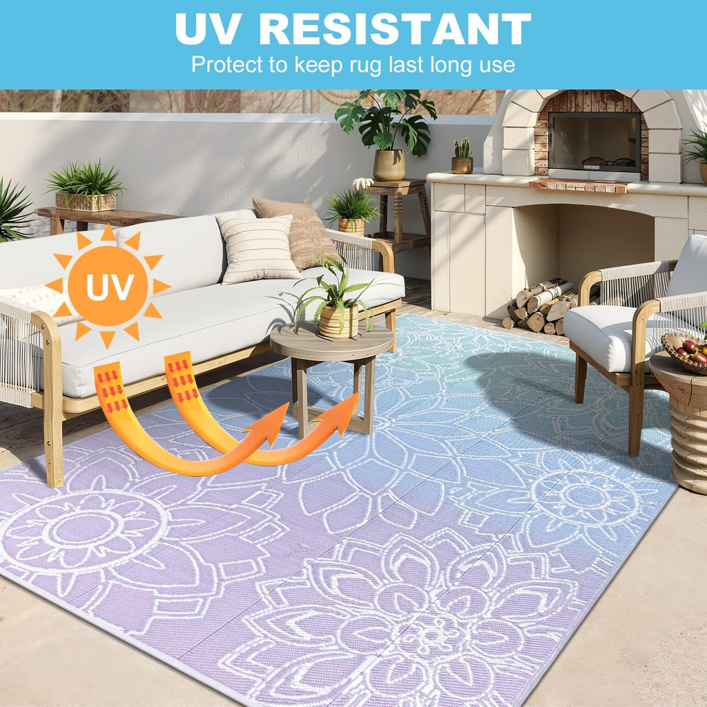 LOKHOM Outdoor Rug for Patio 6x9 ft Reversible Plastic Straw Patio Camping Rug, Floral Waterproof RV Mat for Camper Indoor Outdoor Carpet for Deck Porch Picnic Beach Balcony Backyard, Blue-Purple