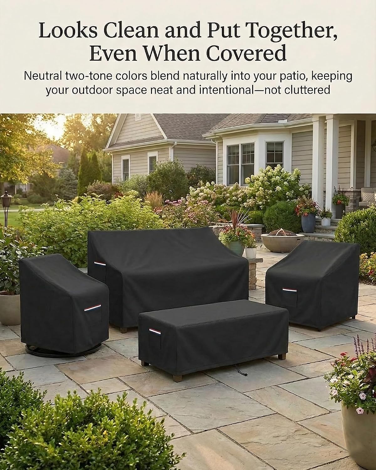 4-Piece Patio Furniture Cover Set, Waterproof Outdoor Furniture Covers for 3-Seater Sofa, Patio Chairs & Coffee Table, Heavy-Duty 600D, Fade&UV-Resistant, Breathable, All-Season Protection, Black