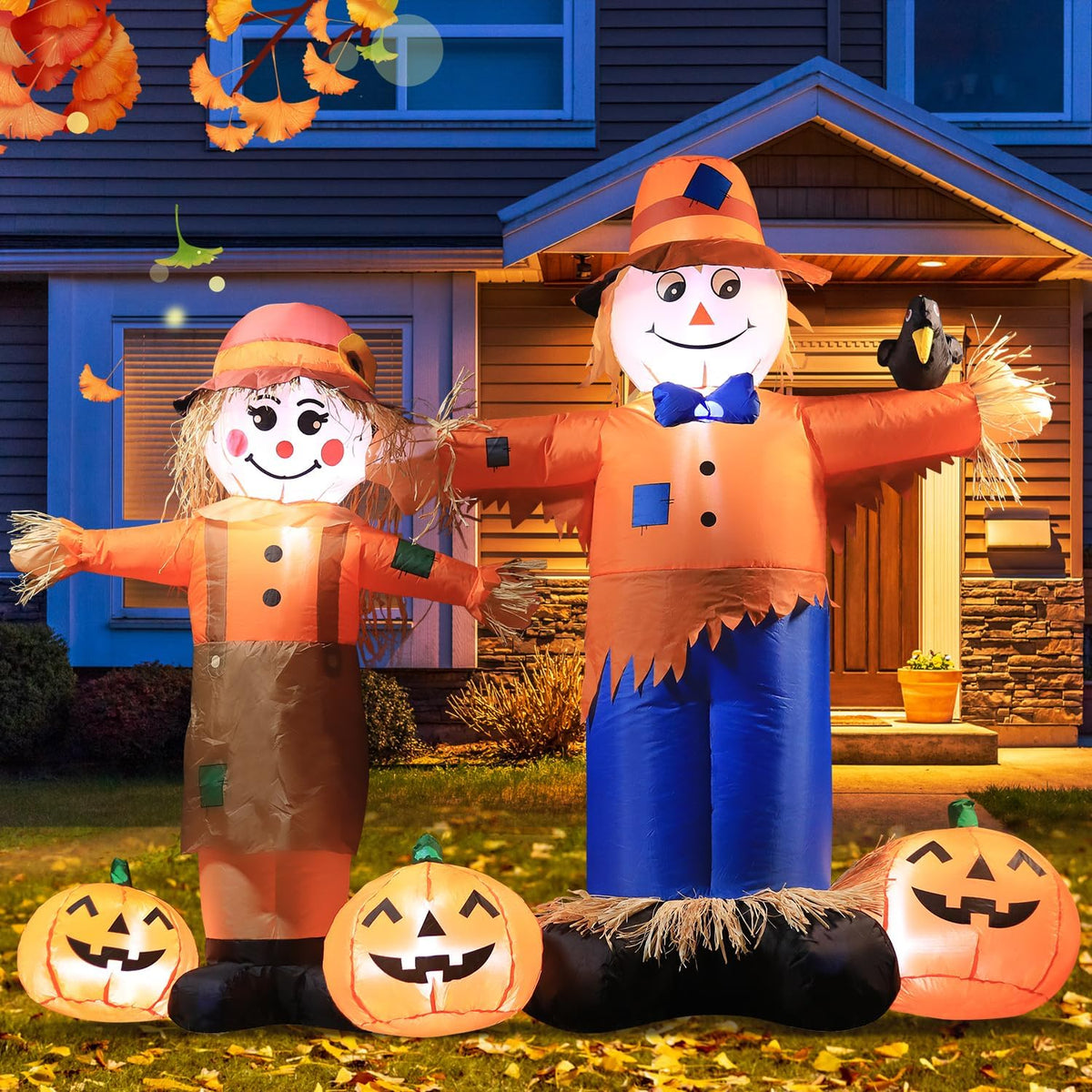 DomKom 6ft Long Inflatable Scarecrow and Pumpkin – Halloween Thanksgiving Fall Yard Decoration with Built-in LED Lights Outdoor Blow Up Decor for Lawn, Garden, Party