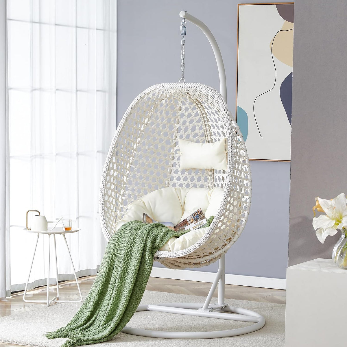 JUFU Egg Chair with Stand, Indoor and Covered Outdoor Hanging Egg Swing Chair with Removable Cushion and Headrest, 350 lb Capacity for Patio, Balcony, Porch, Bedroom, White