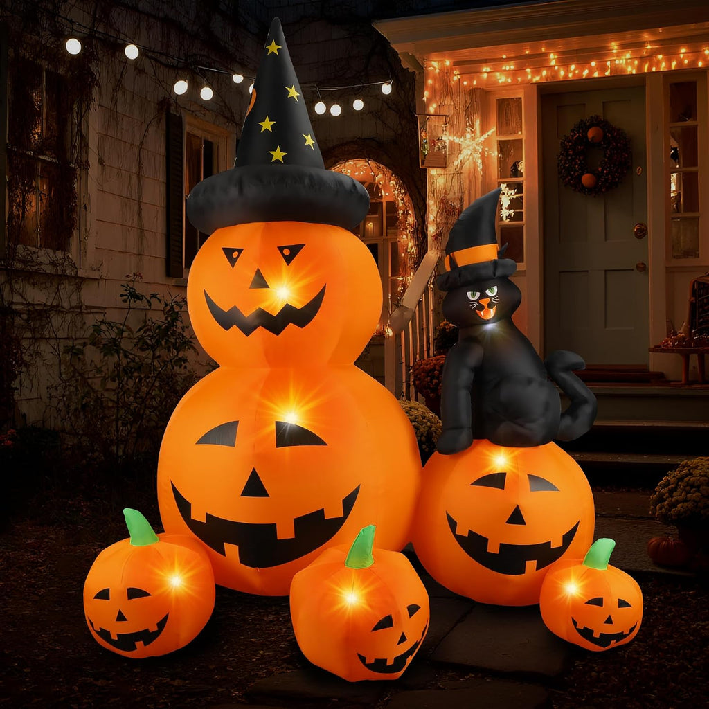 6Ft Halloween Inflatable Decorations Pumpkins Patch Lanterns with Black Cat with Build-in LEDs Blow Up Inflatables for Outdoor Decoration Balcony Home Lawn Patio