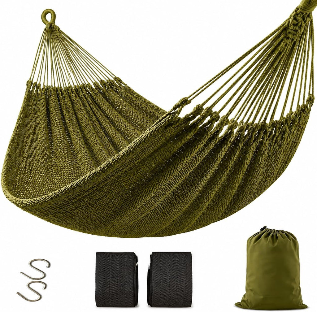 Handwoven Mayan Hammock with Carry Bag, 2 Person Family Size Cotton Nylon Rope Hammock, 500 lb Capacity, Portable Handmade Hammock for Camping, Backyard, Porch, Indoor Outdoor Use