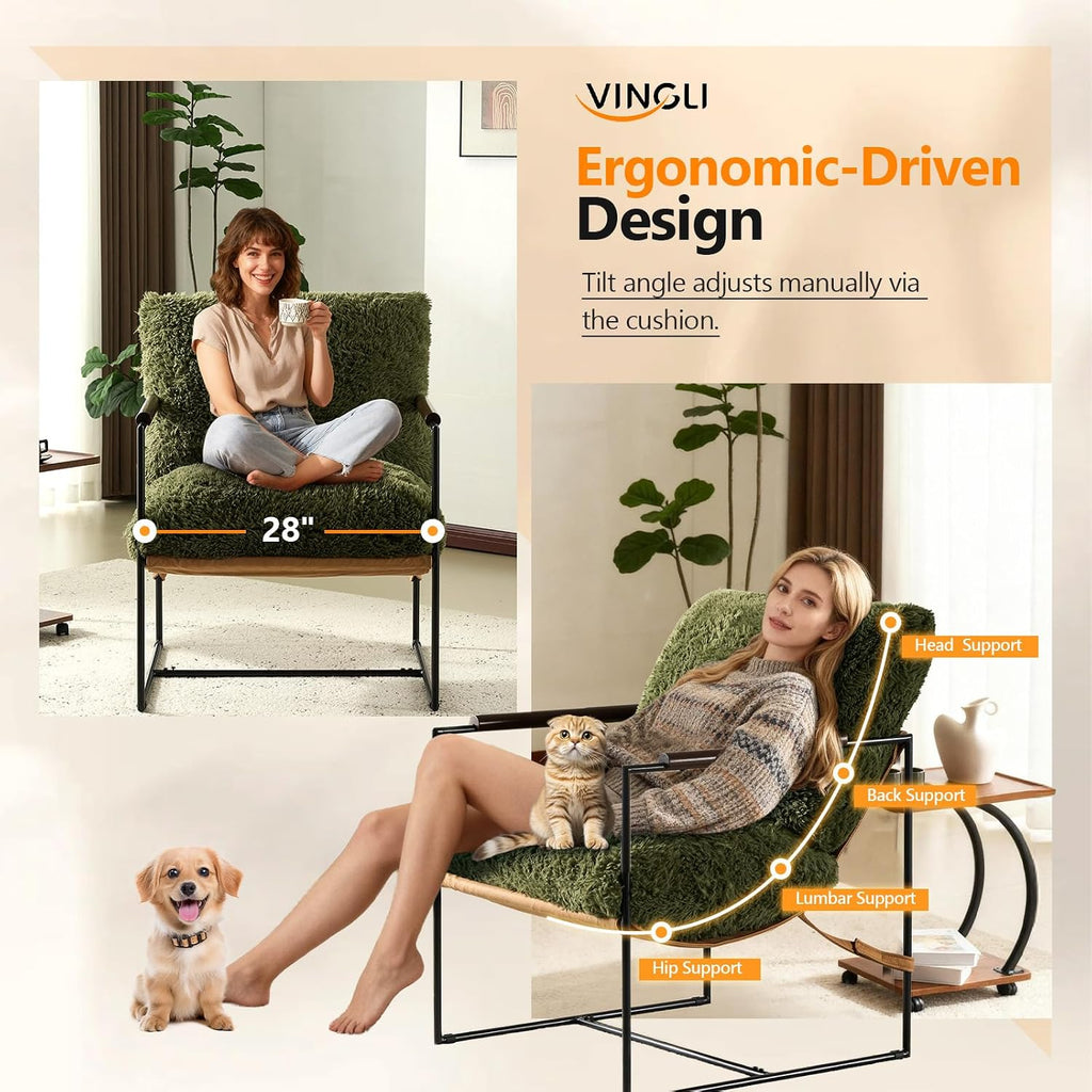 VINGLI 28" Wide Plush Upholstery Sling Modern Accent Chairs Set of 2, Cute Reading Armchair with Removable Seat Cushion & Tan Microfiber Seat Base, Lazy Chair for Bedroom & Lounge,Olive Green