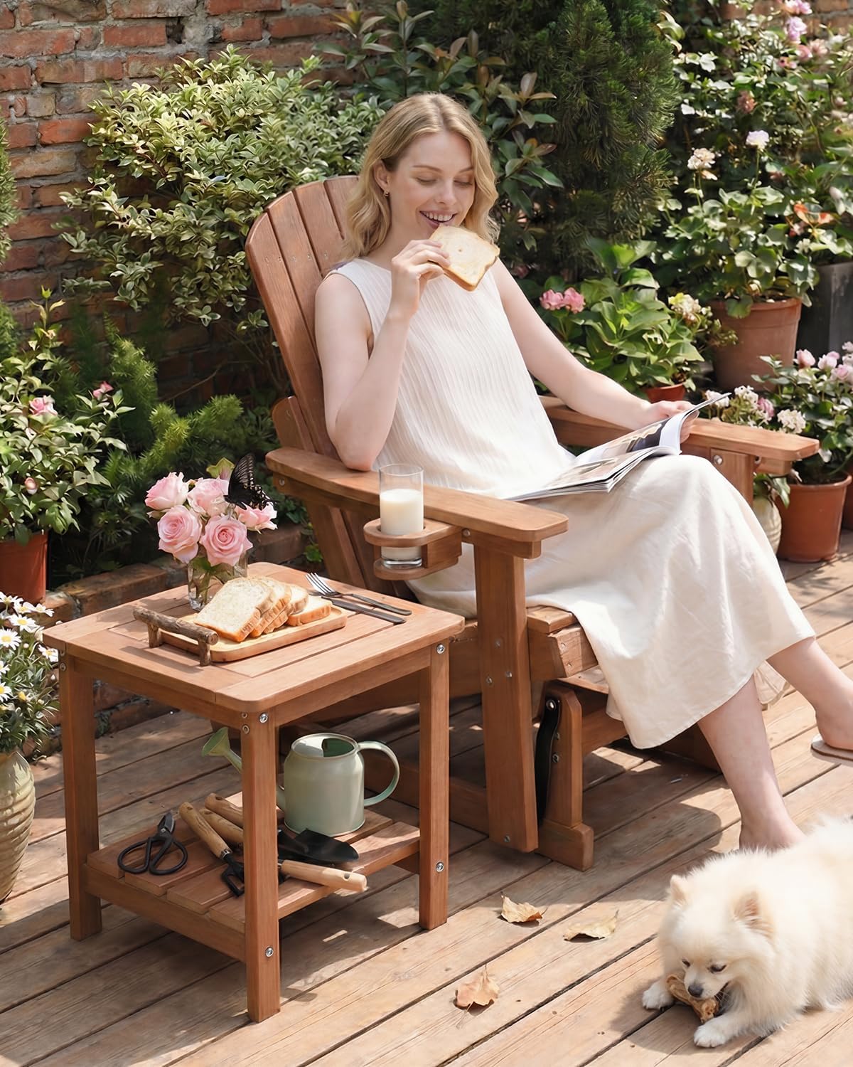 Outdoor Side Table, 2-Tier HDPE Small Patio Table, Teak