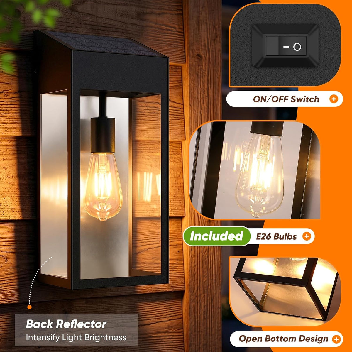 15” Large Solar Sconce Lights Outdoor Included E26 Bulbs 2 Pack