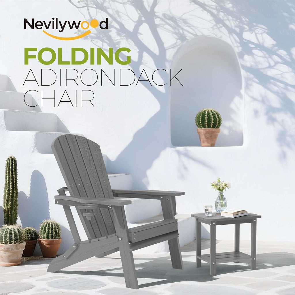 nevilywood Folding Adirondack Chair, HDPE Ergonomic Cup Holder, Gray