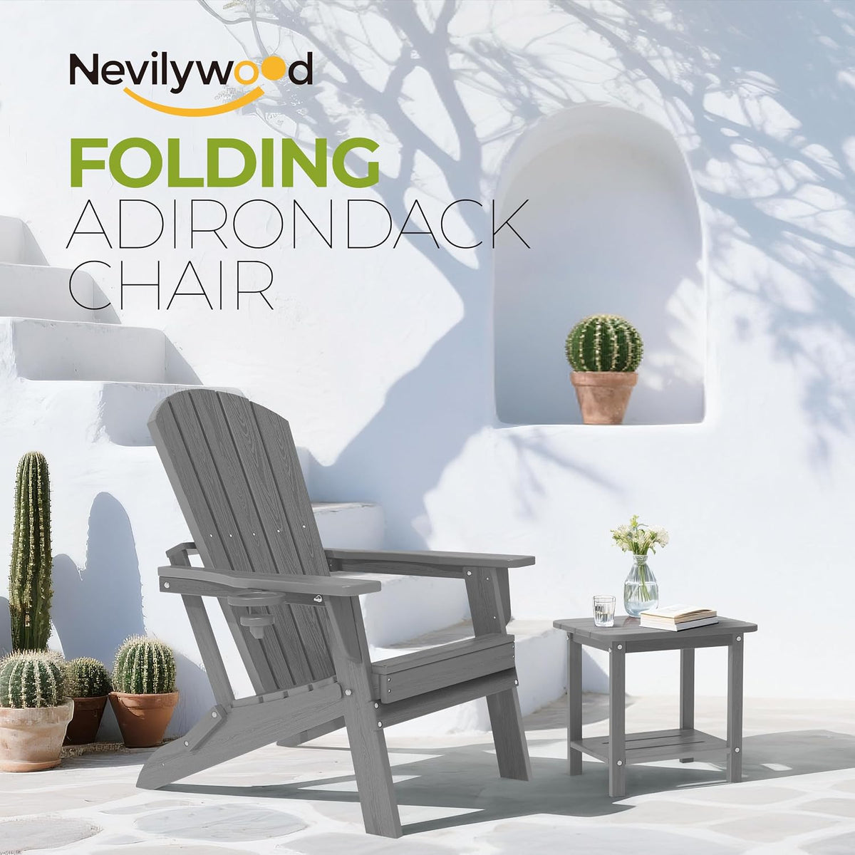 nevilywood Folding Adirondack Chair, HDPE Ergonomic Cup Holder, Gray