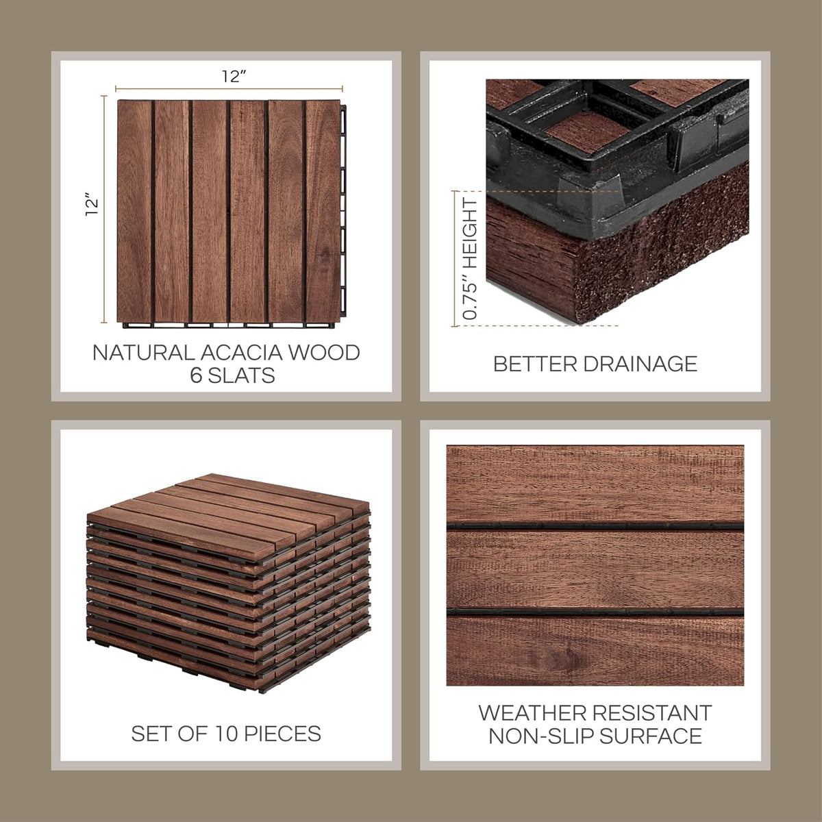 THYOI Premium Deck Tiles, 10 Pcs Patio Flooring - Brown - Striped Pattern