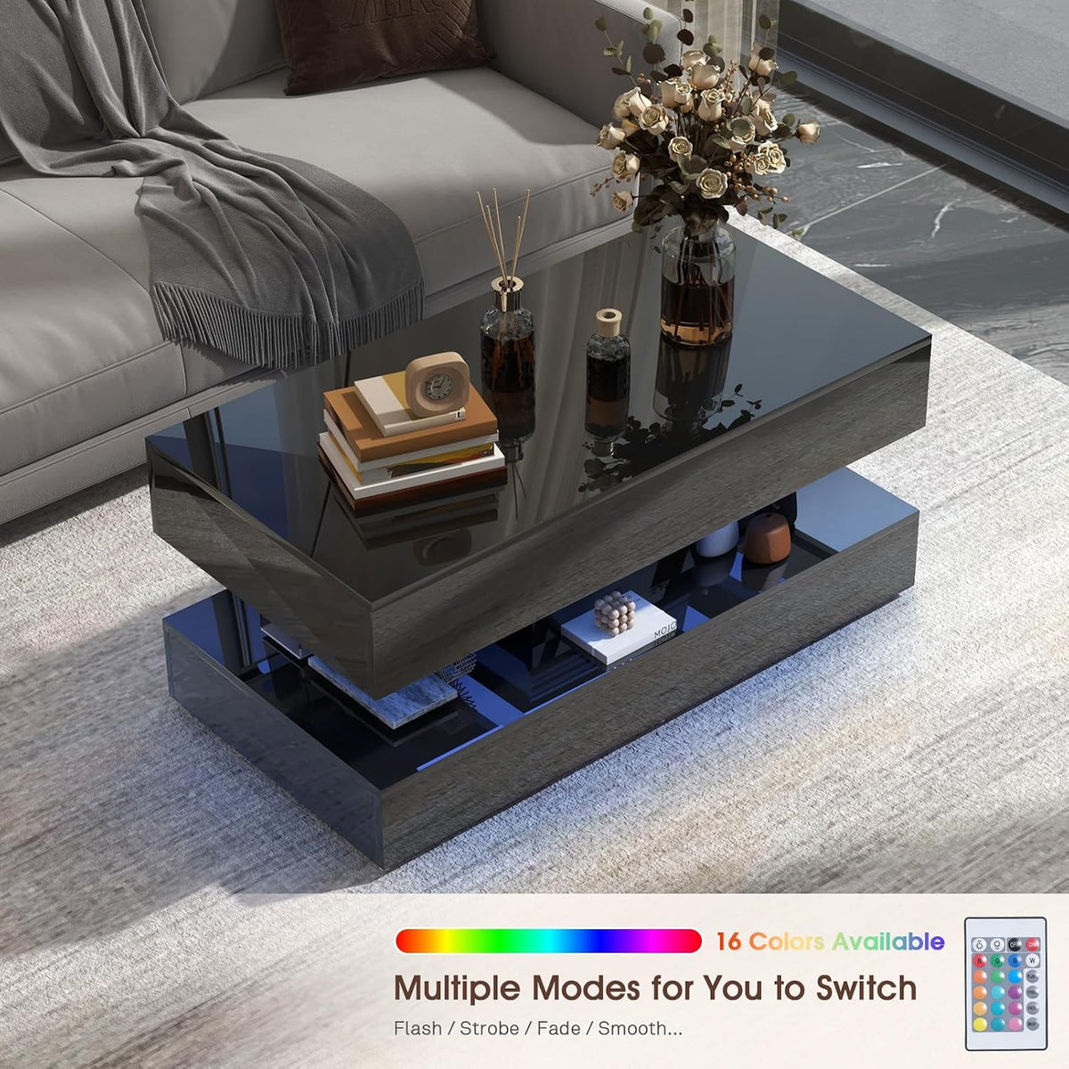 OC Orange-Casual Modern High Gloss LED Coffee Table, 2-Tier Center Table