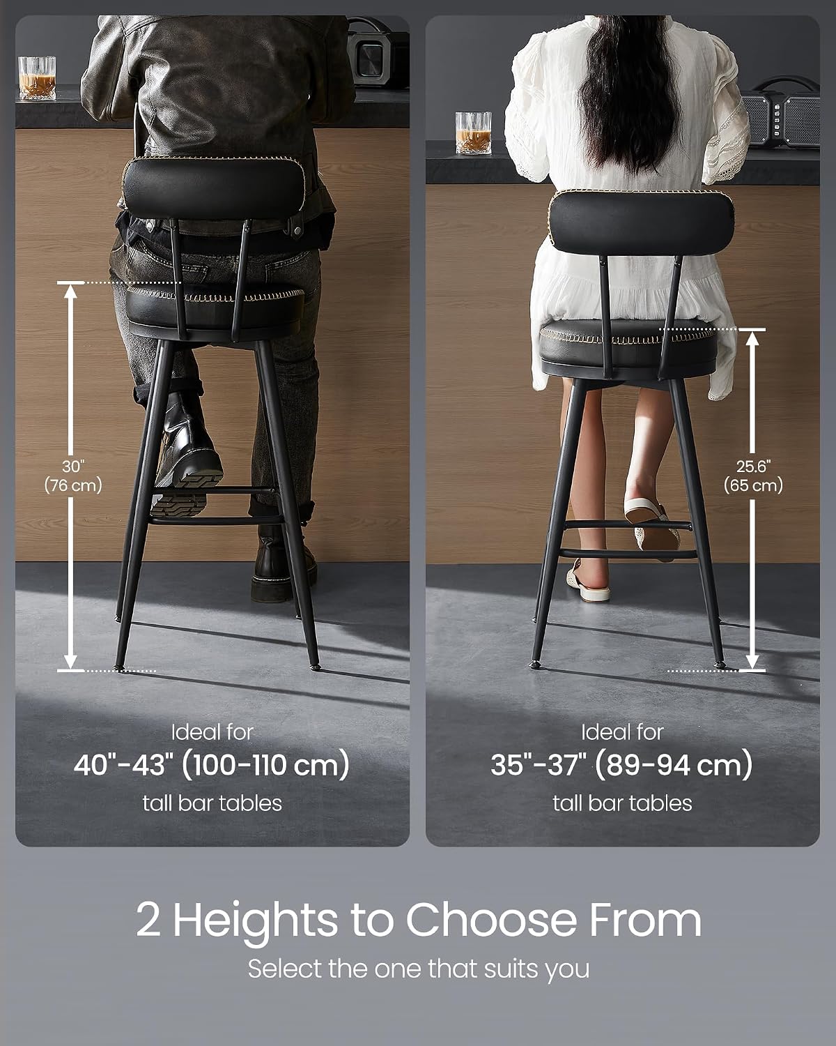 VASAGLE Bar Stools Set of 2, Swivel Counter Height with Back, 25.6-Inch