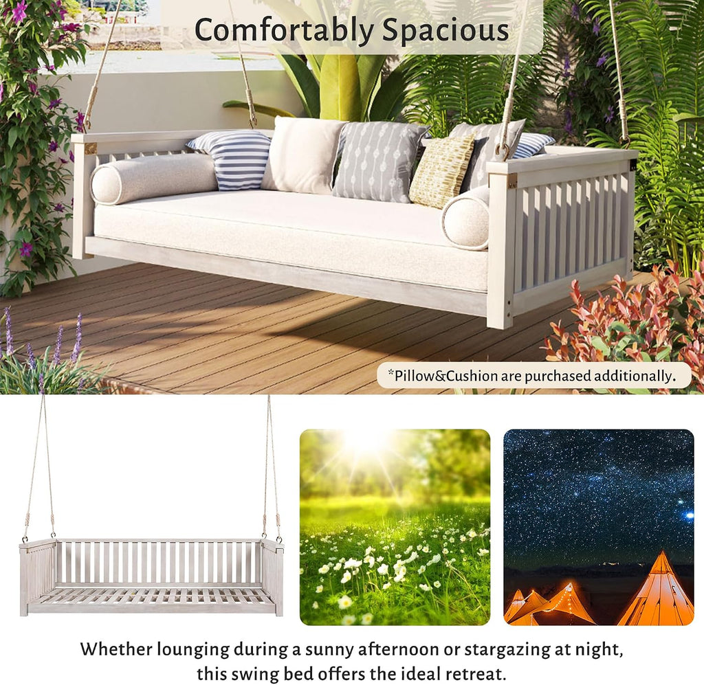 LUMISOL Outdoor Porch Swing Bed, Twin Size Acacia Wood Swing Bed Frame with Ropes, Swing Loveseat for Patio, Garden, Backyard, Safe Sloped Design, White