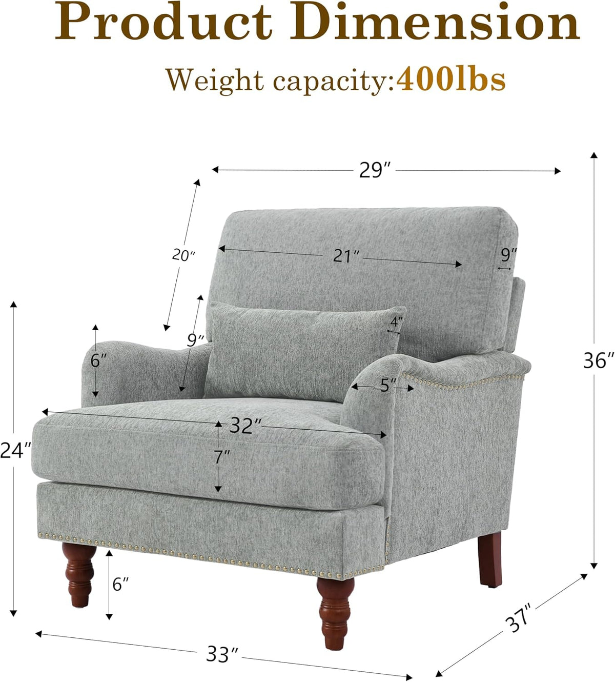 Accent Chairs Set of 2, Chenille Armchair with Lumbar Pillow, Light Gray