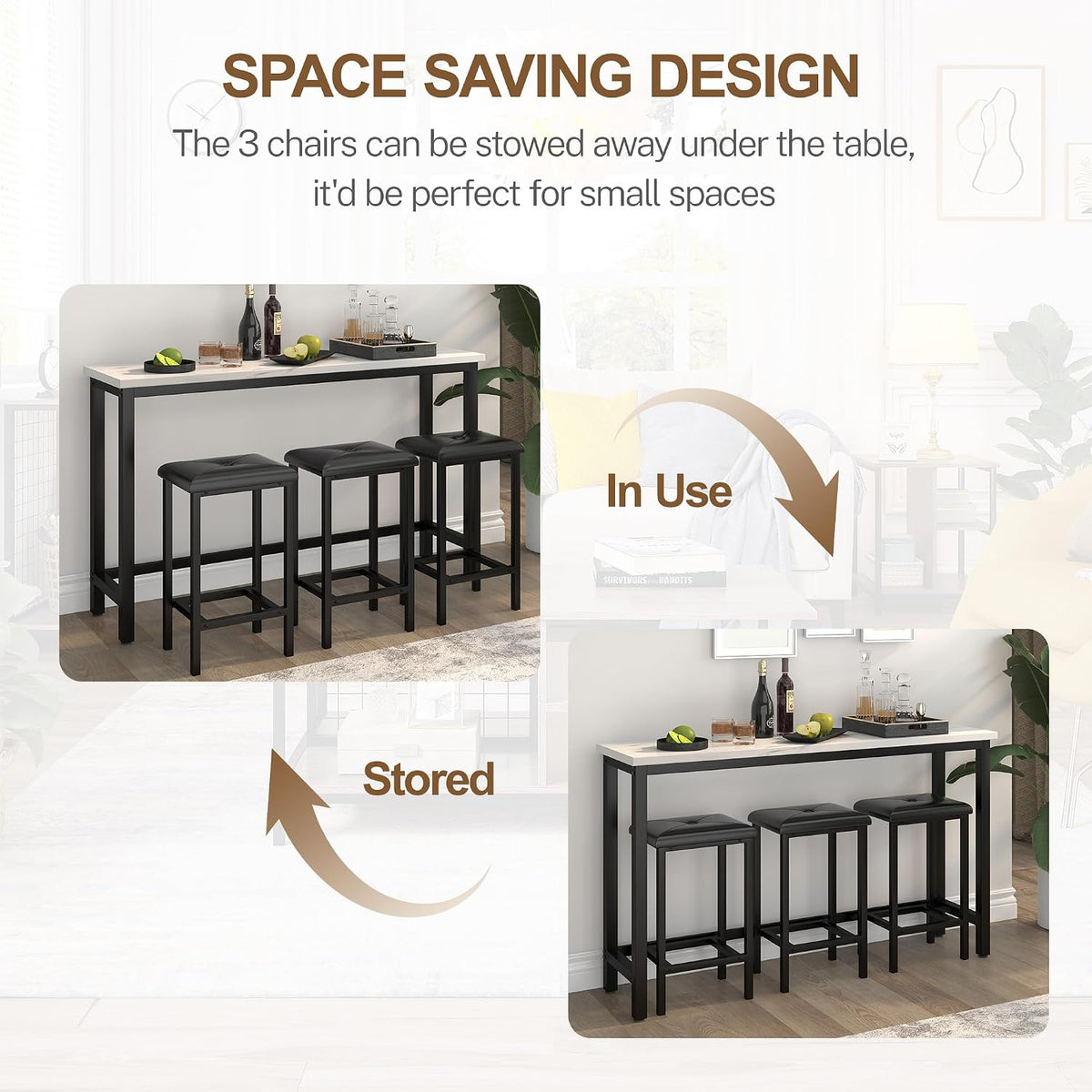 Bar Table Set for 3, 60.2” Faux Marble Behind Couch Table Set, Modern Sofa Table with 3 Upholstered PU Stools, Space-Saving Bar Tables and Stools for Home, Apartment, Small Spaces (Black)