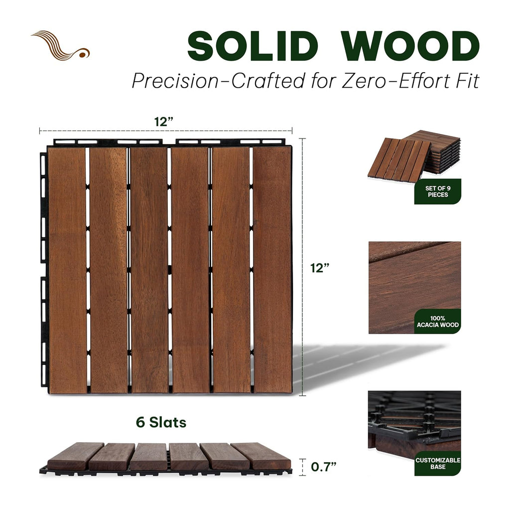 Acacia Interlocking Deck Tiles, 9 PCS Wood Flooring, 6 Slats, Walnut