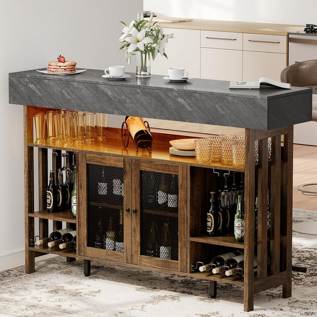 Loomie 63" Brown Bar Table Cabinet with LED, Drawers & Footrest for Home