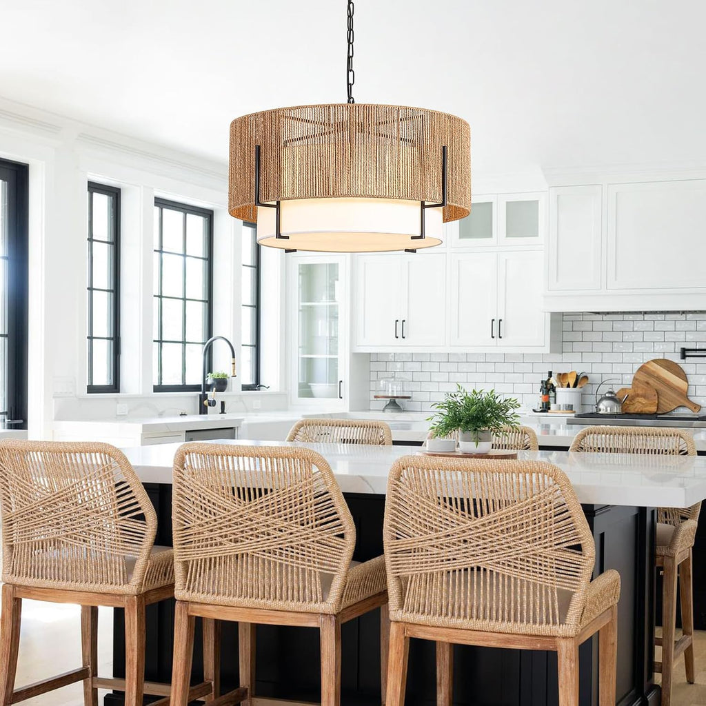 25.6" large rattan chandelier for dining room, 6-light on a desk or shelf