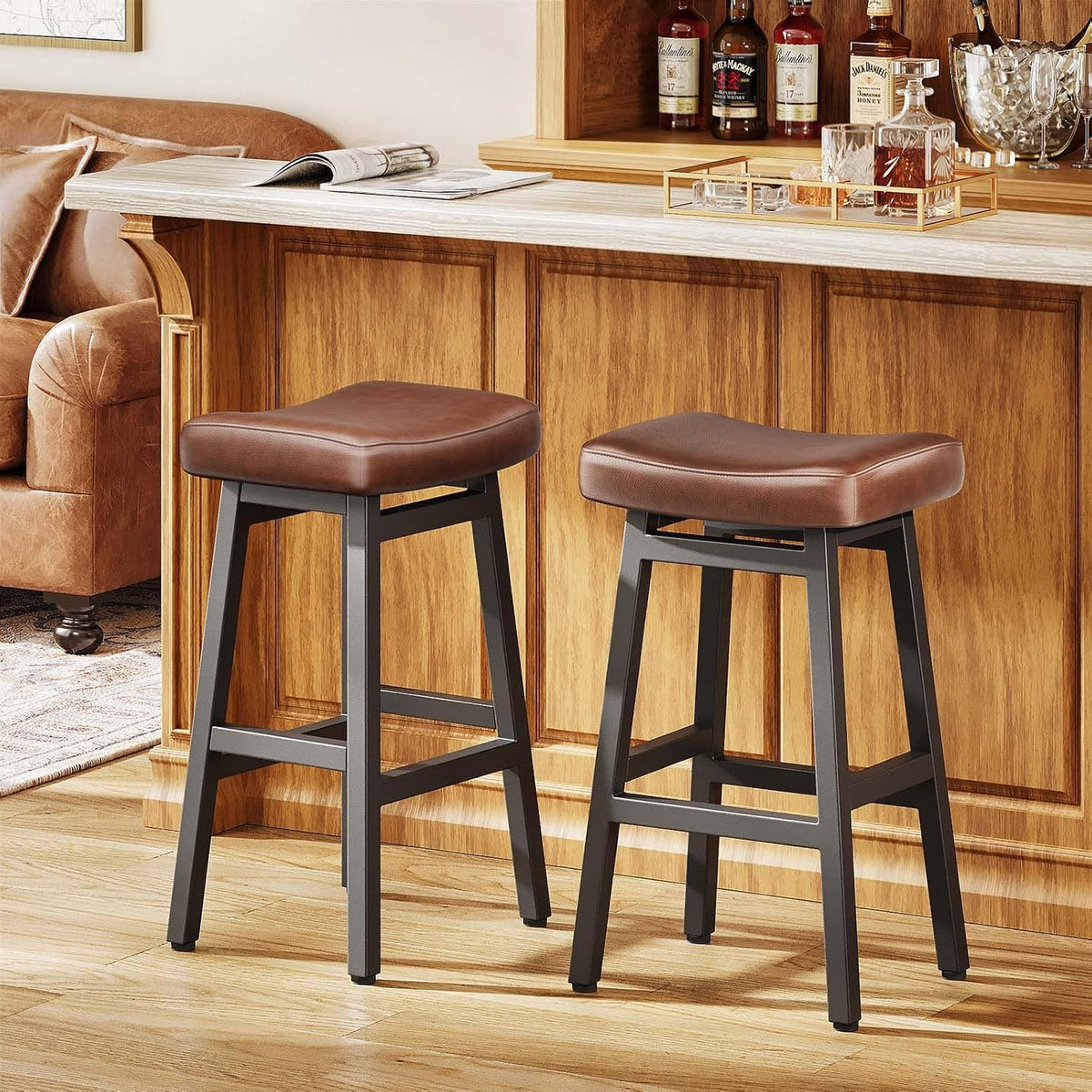 Raynesys 29 Inche Bonded Leather Counter Height Bar Stools Set of 2 Curved
