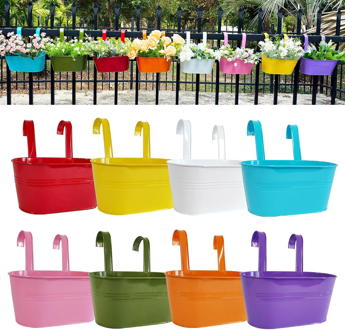 8 Pack 12" Colorful Metal Railing Planters with Hooks for Outdoor Fence