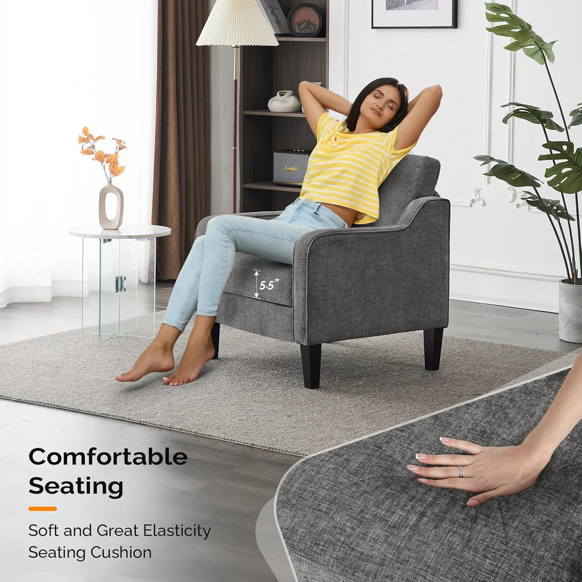 VINGLI Light Grey Accent Chair, Chenille Fabric Armchair for Living Room