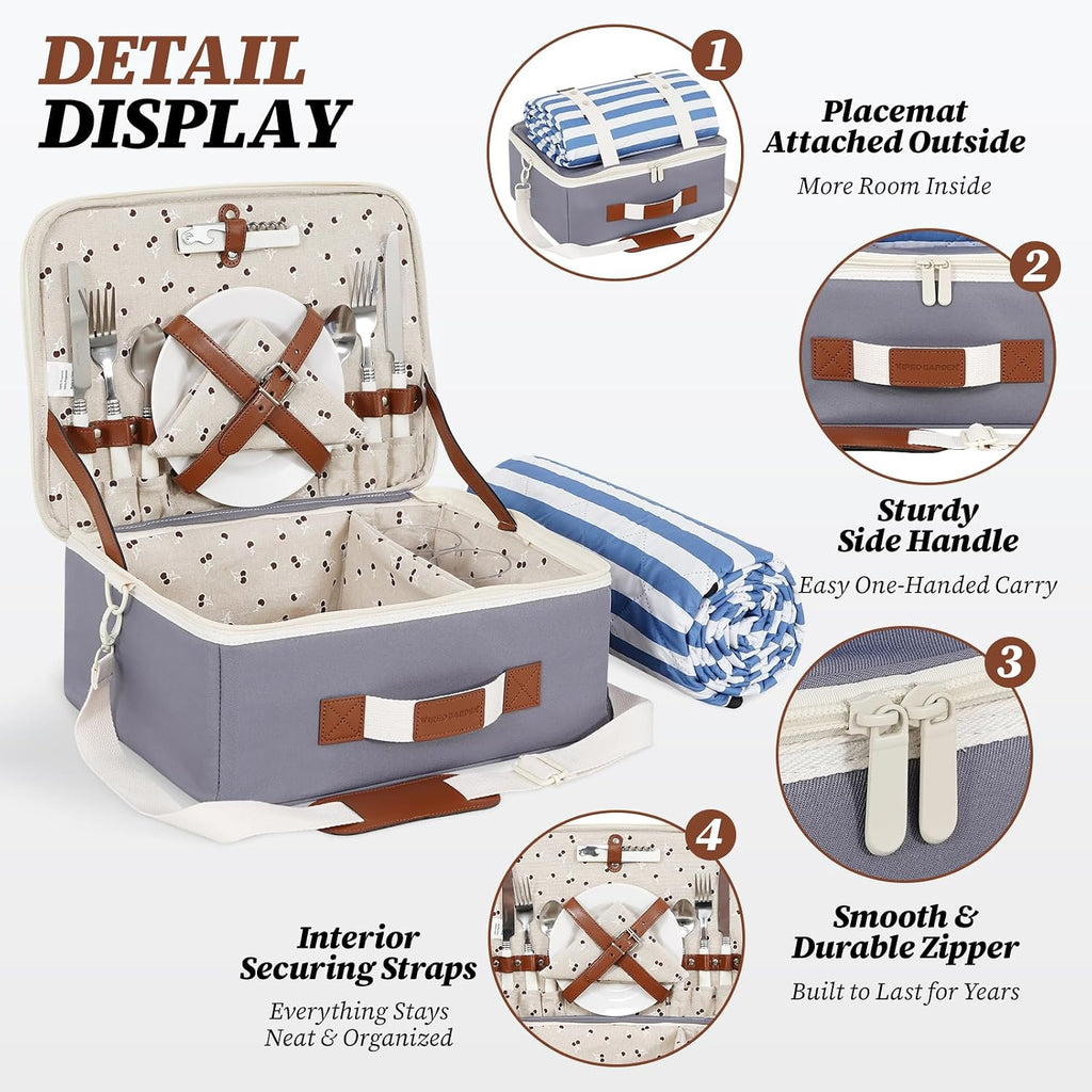 Picnic Basket for 2-Picnic Basket with Waterproof Blanket & Accessories