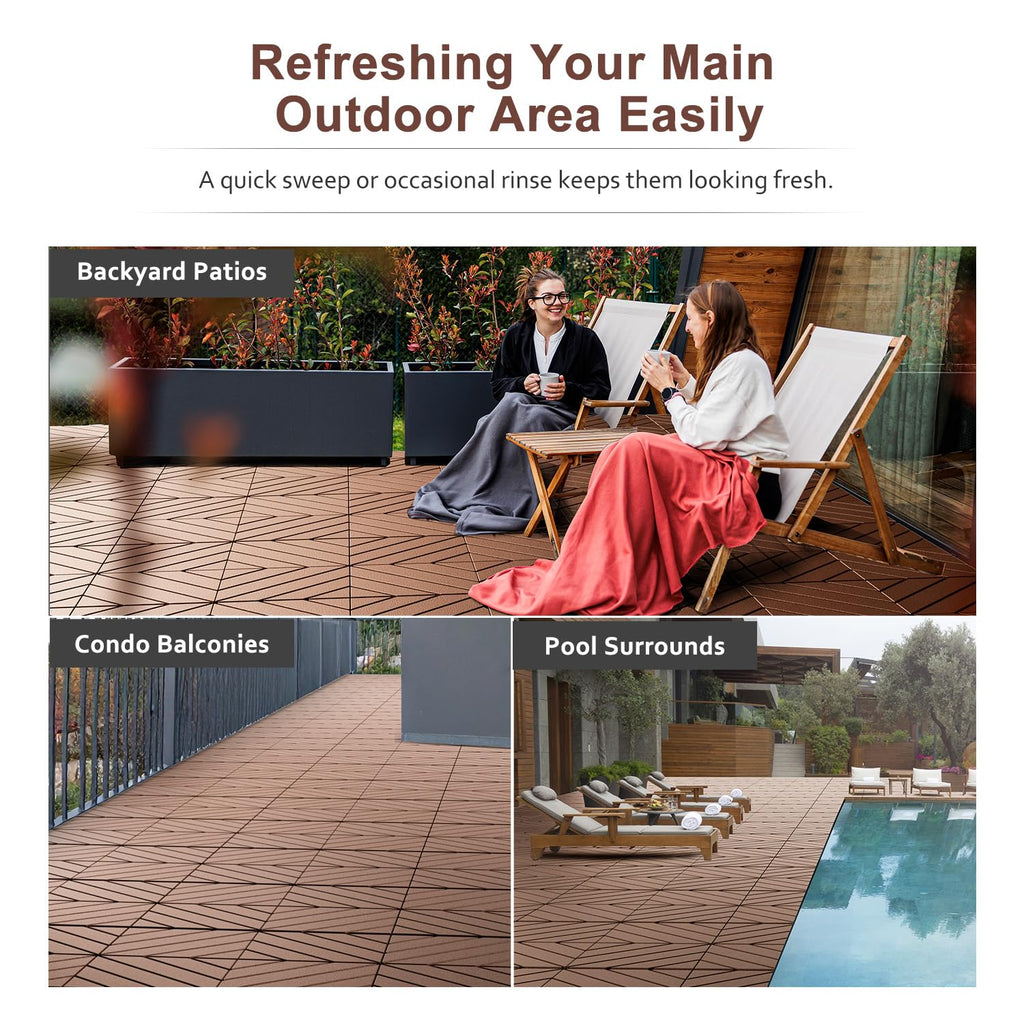 EchoDeck Interlocking Deck Tiles,54 Pack Deck Tiles Interlocking Outdoor All Weather,Patio Deck Tiles,12"x12",Diagonal,Sturdy Base,Highly Durable,Stylish,Non-Slip,Faster-Drying,Efficient,Brown