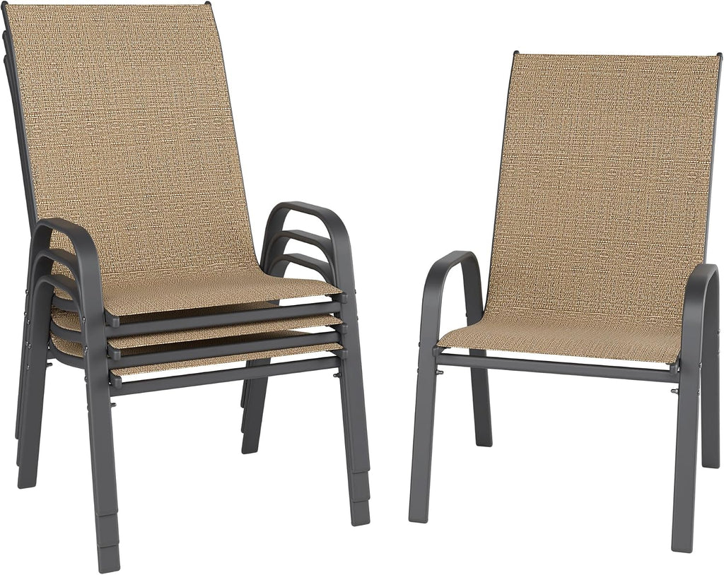 Patio Chairs Set of 4, Outdoor Dining Chairs Stackable for All Weather, Breathable Metal Modern Outside Furniture Chair for Pool Side, Garden, Backyard Deck, Brown