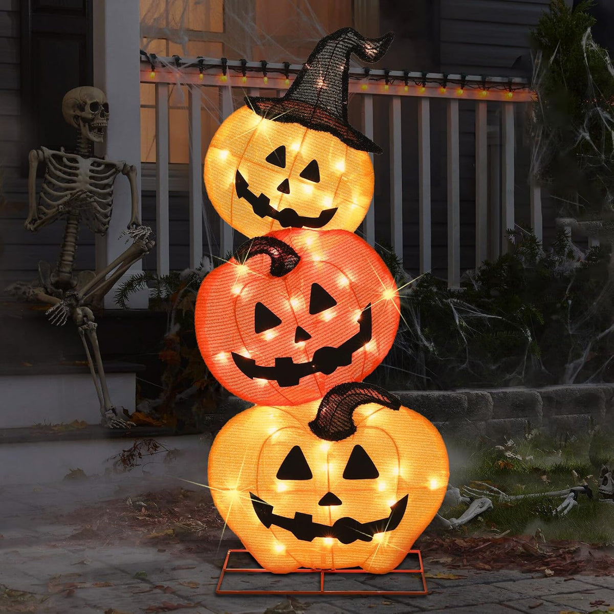 Halloween Lighted 3 Stacked Pumpkins, 39’’ H Pre-Lit Lighted Pumpkins with 50 Warm White Lights, Light Up Halloween Pumpkin Decoration for Indoor, Outdoor, Porch, Yard, Holiday Decor