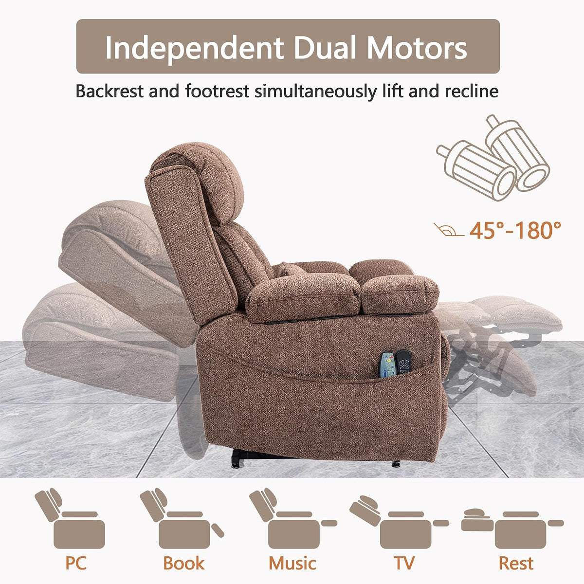 FUNECORP Big Man Power Lay Flat Lift Recliner Chair,Brown