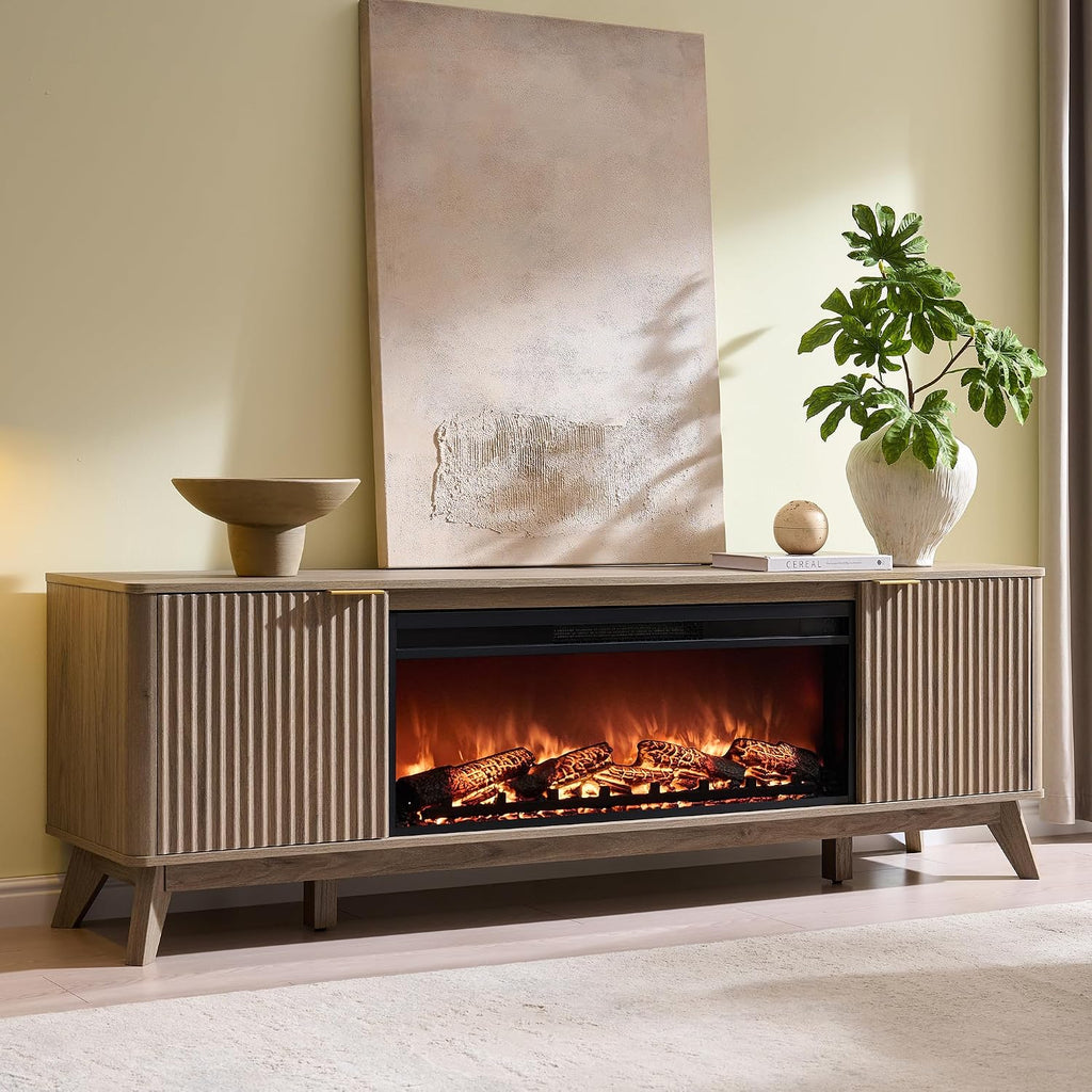 OKD 70" Fluted Fireplace TV Stand with 36" Electric Fireplace, Alder Grey