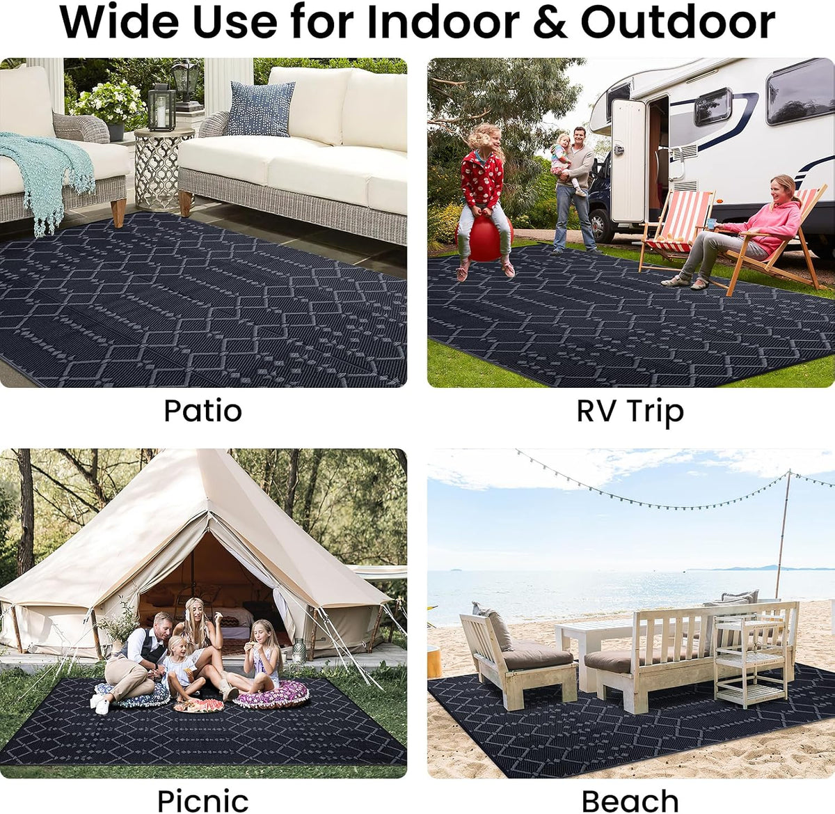 Smiry Outdoor Rug 8x10 ft Waterproof Reversible Boho Mat, Dark Grey