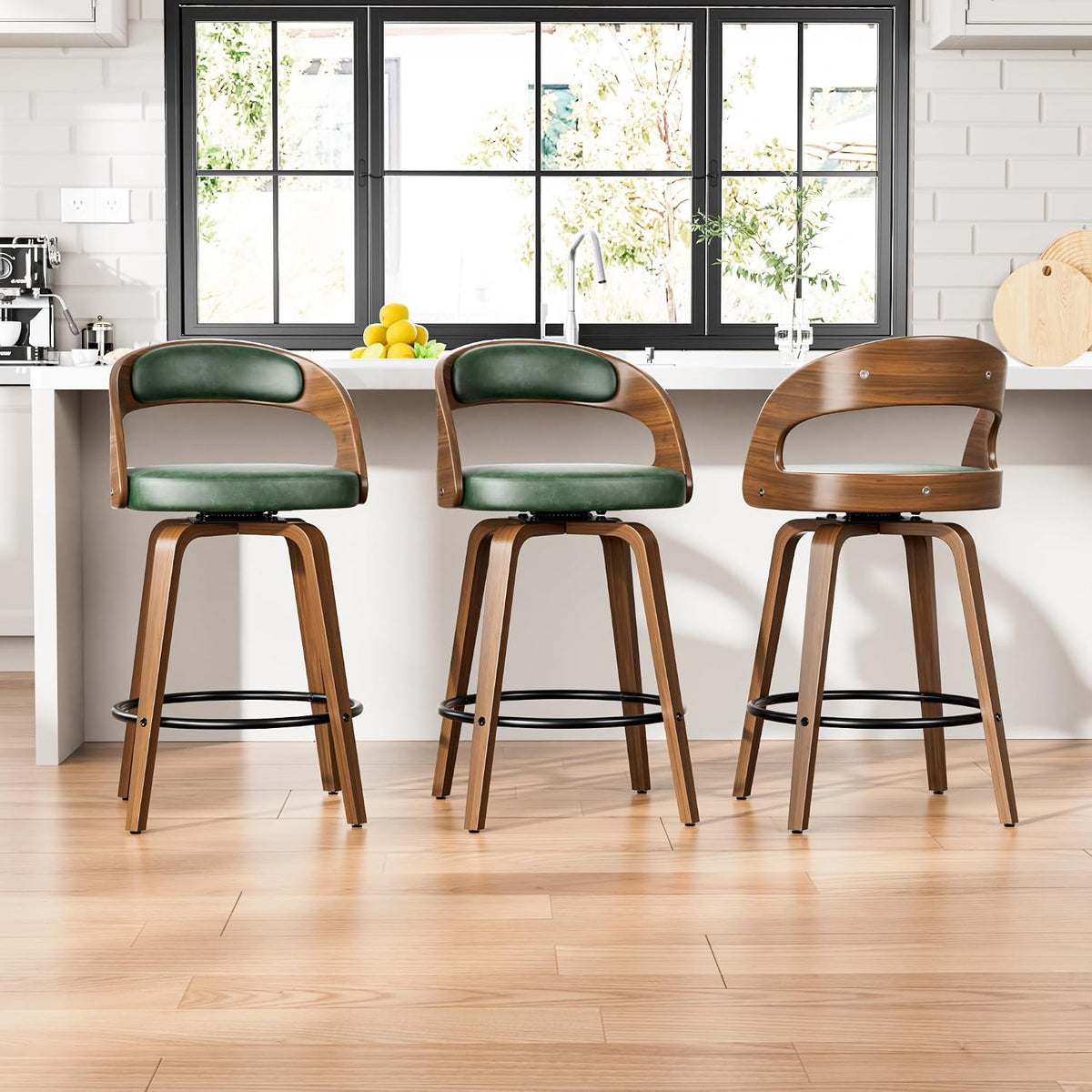 YaFiti Bar Stools Set of 3, 26" Bentwood Counter Height Barstools, Green