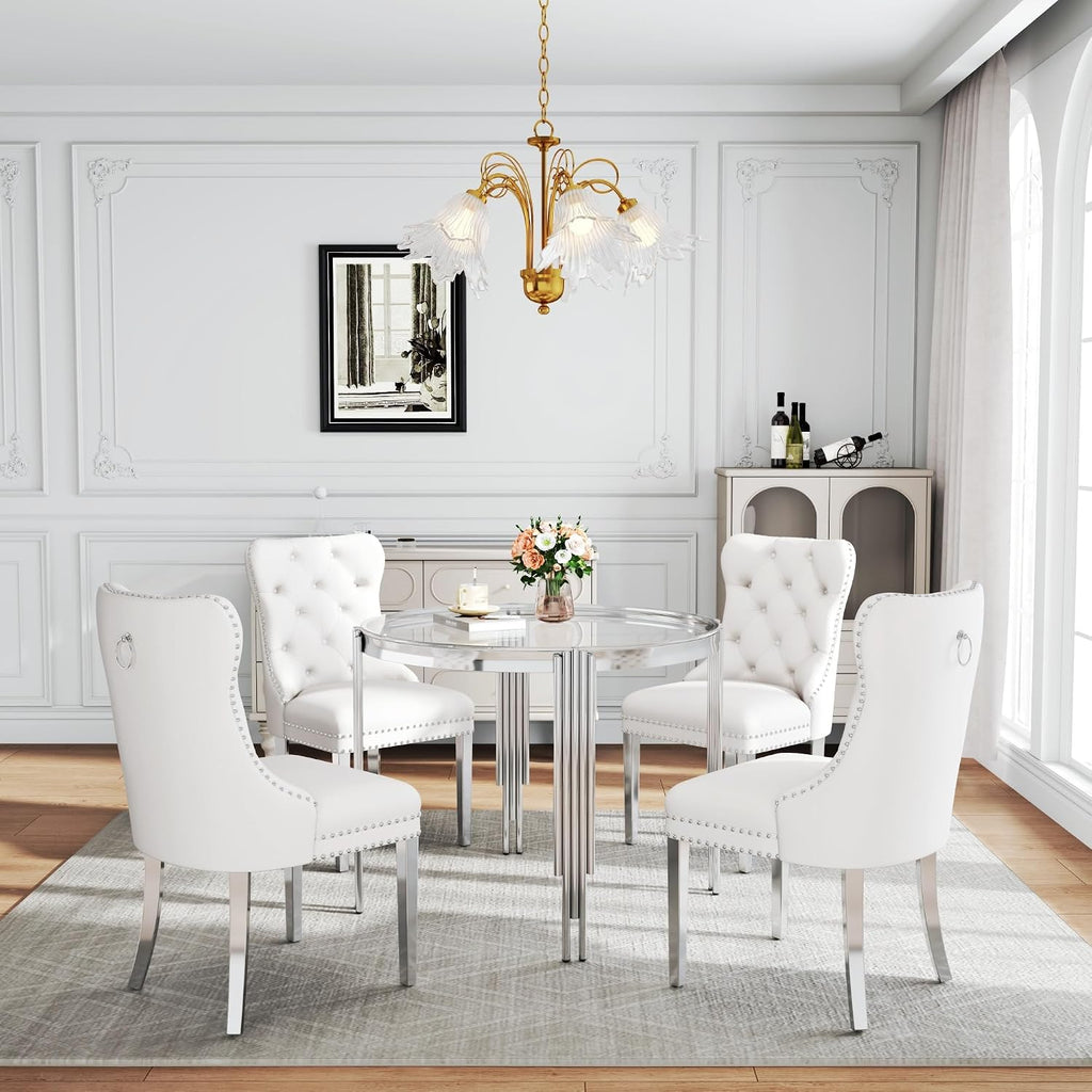 Luxury Round Glass Silver Dining Table Set for 4, 5-Piece Modern Kitchen Table Set with 4 White Velvet Chairs for Kitchen Dining Room Apartment