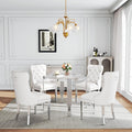 Luxury Round Glass Silver Dining Table Set for 4, 5-Piece Modern Kitchen Table Set with 4 White Velvet Chairs for Kitchen Dining Room Apartment