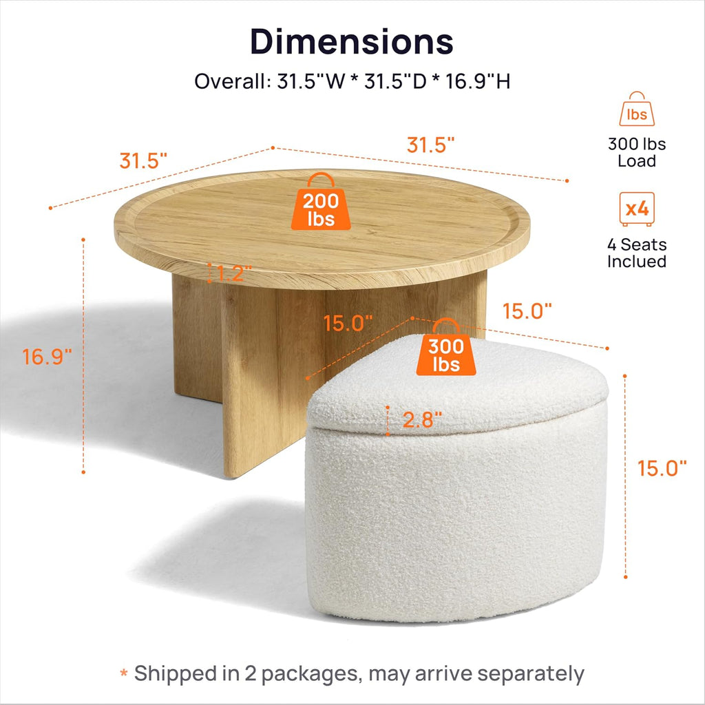Round Coffee Table with Stools Underneath, 4 Storage Ottomans Chairs&Seats