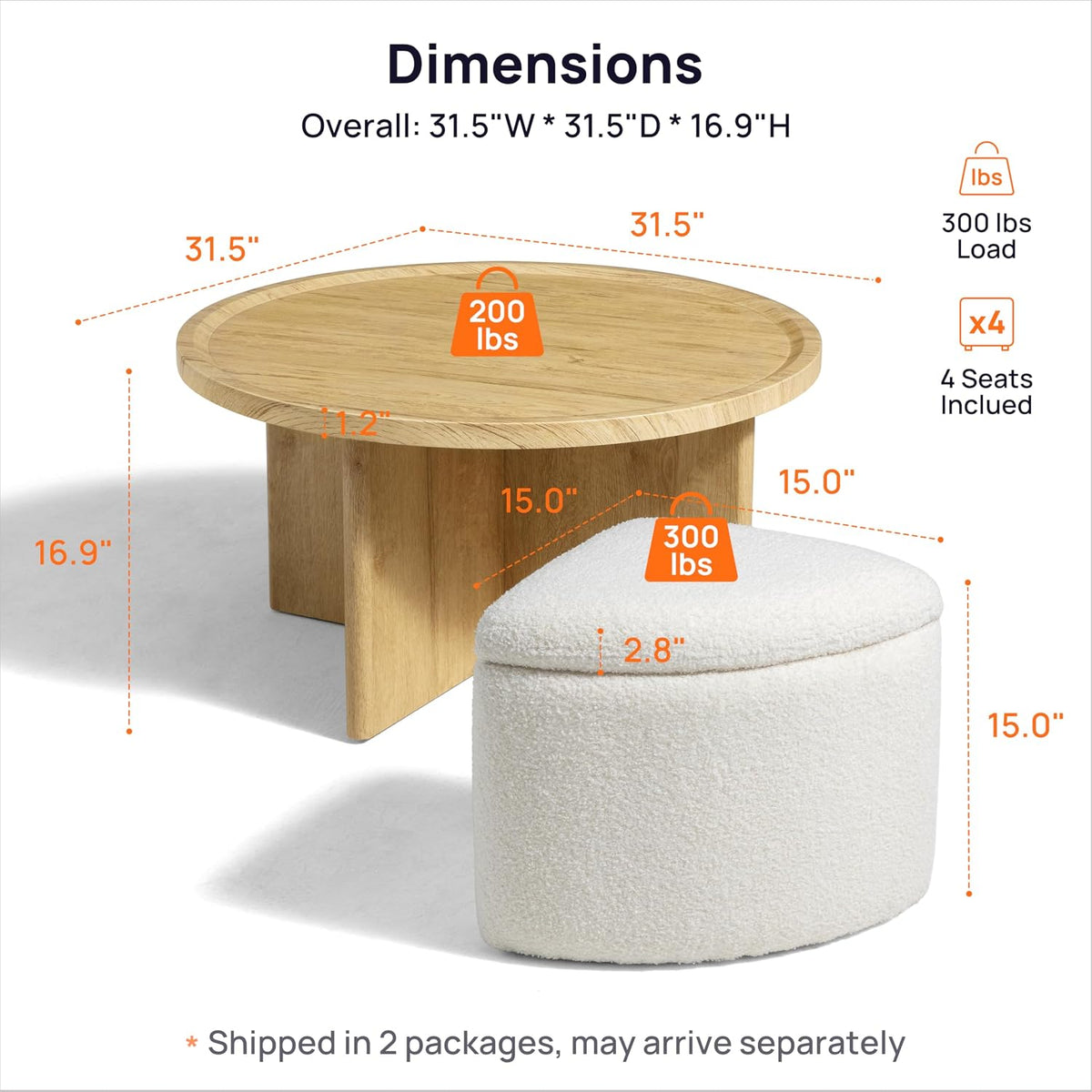 Round Coffee Table with Stools Underneath, 4 Storage Ottomans Chairs&Seats