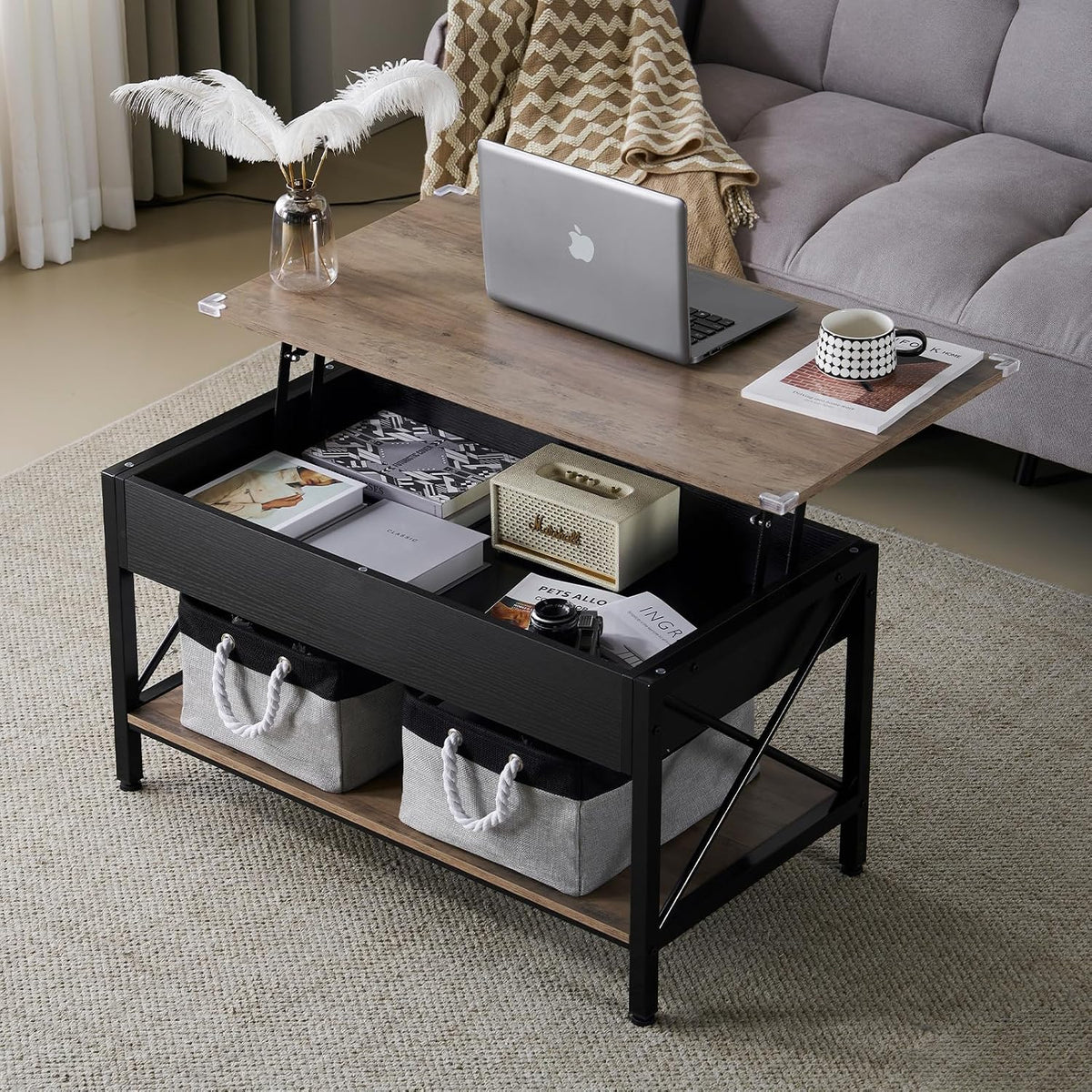 VINGLI 36" Lift Top Coffee Table with Free Cloth Storage Bins, Rustic Framhouse Grey Coffee Tables for Living Room, Small Modern Coffee Table for Small Space in Minimalistic Style, Gray