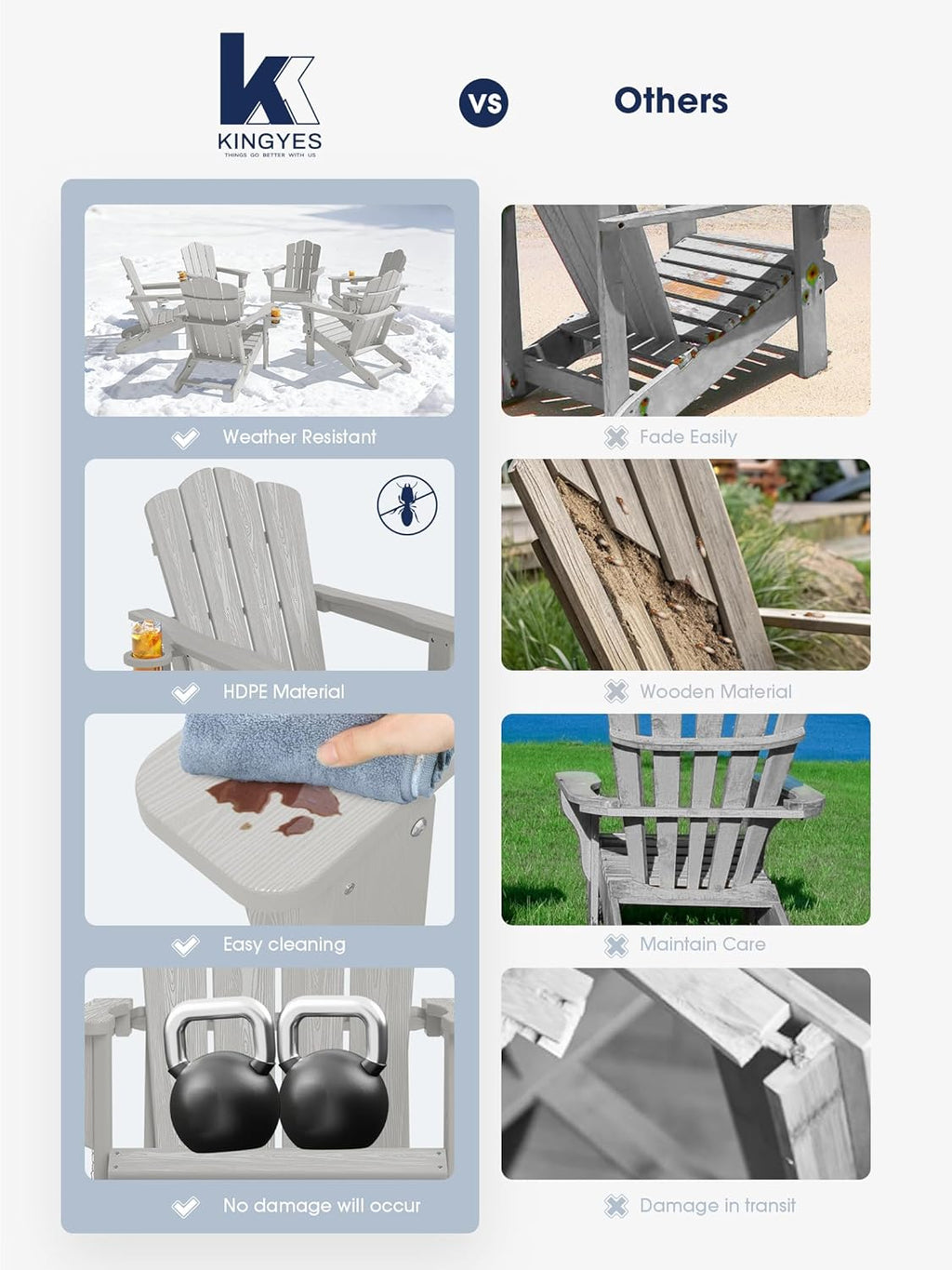 KINGYES Folding Adirondack Chair Set of 6 with Cup Holder, Silver Grey