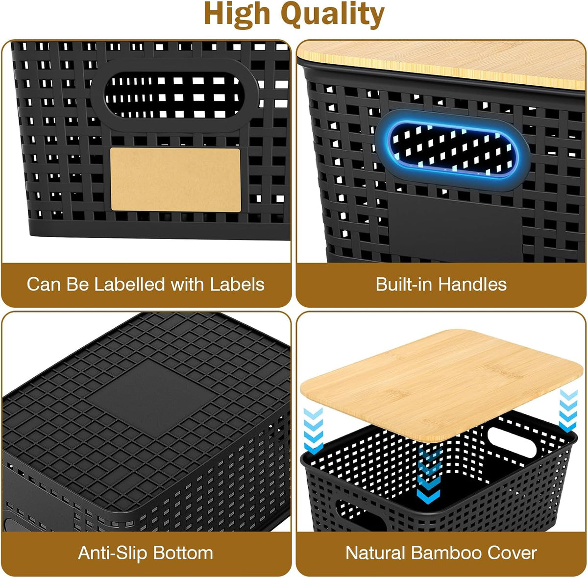 Stackable Storage Baskets: 8 Pack Plastic Baskets Bins, Black