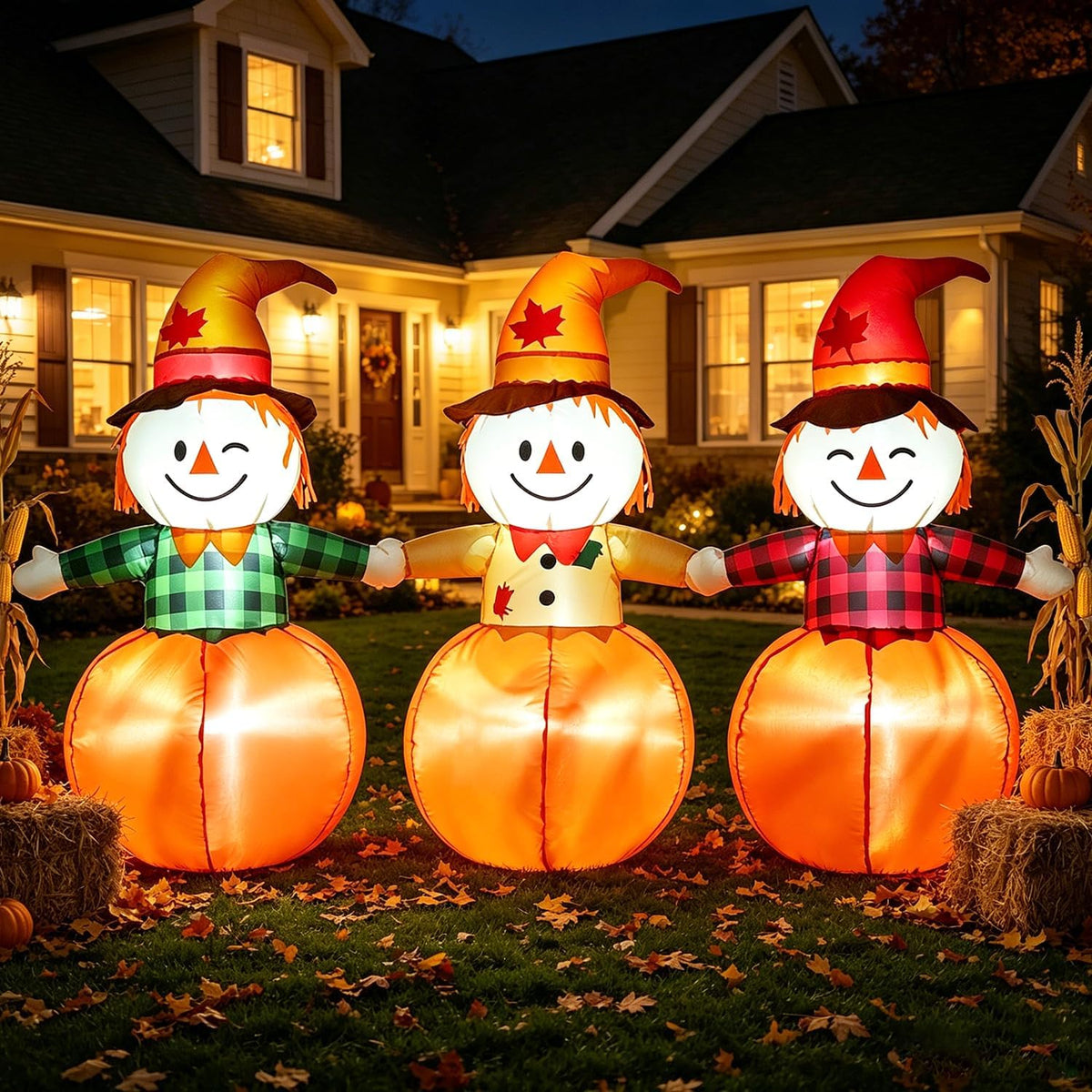 DomKom 6ft Fall Outdoor Inflatable Scarecrow Decoration, Halloween Thanksgiving Yard Decoration with Built-in Lights Blow Up Decor for Lawn, Garden, Party