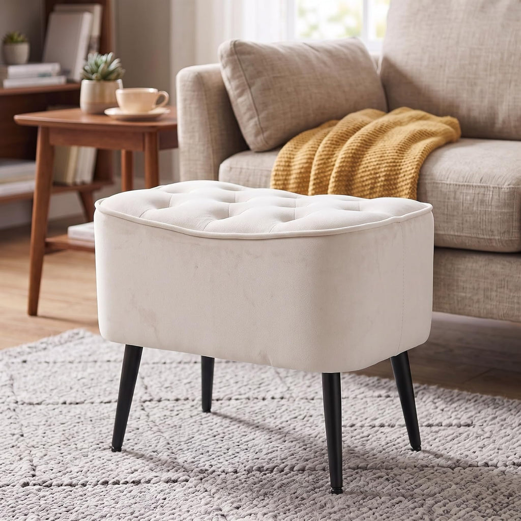 BIRDROCK HOME Tufted Curve Ottoman Velvet Foot Stool - Modern Upholstered Padded Footrest for Living Room or Bedroom - Small Cushioned Accent Chair for Couch, Sofa, or Extra Seating (Tan)