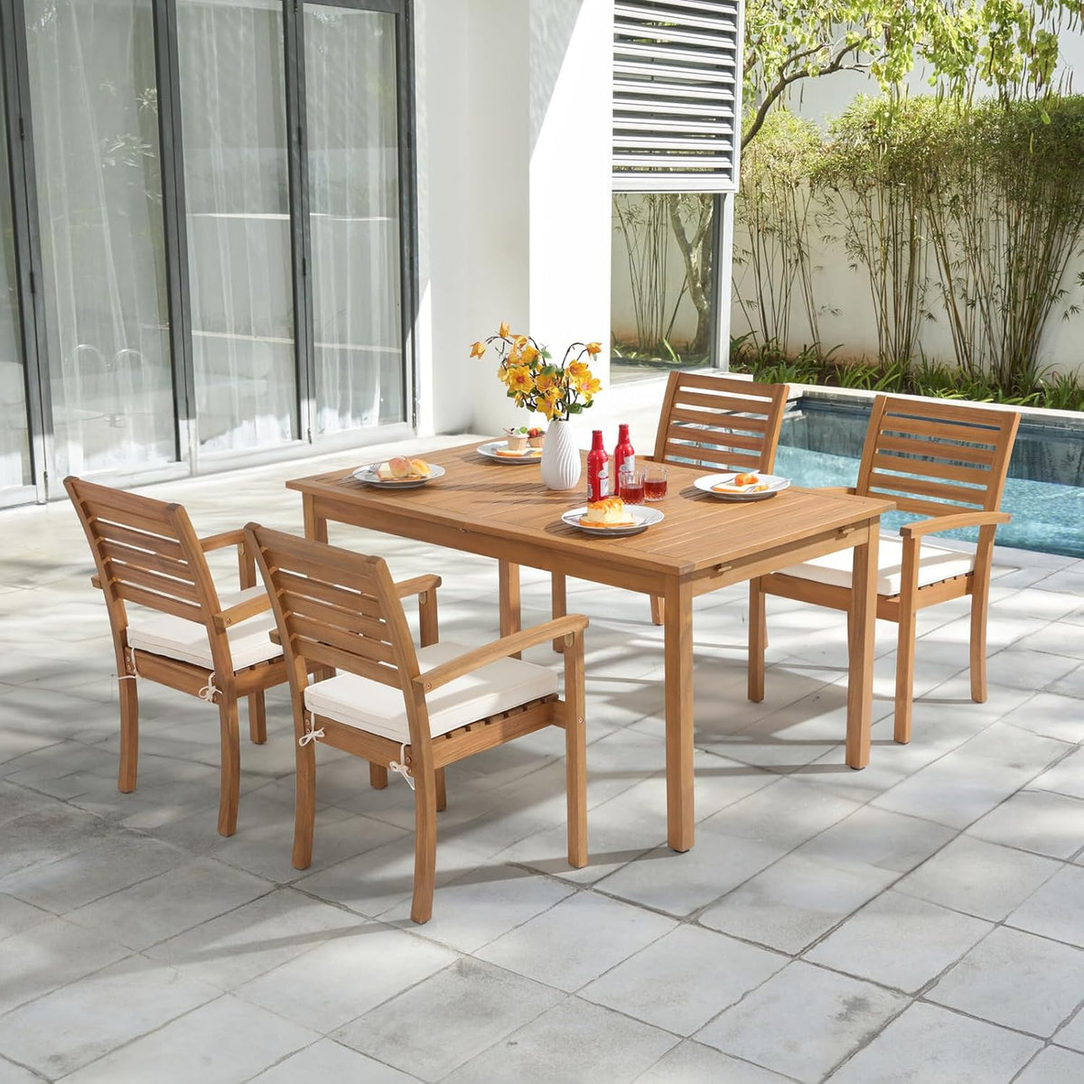 OC Orange-Casual Stackable Patio Dining Chairs Set of 4, Acacia Wood,Beige