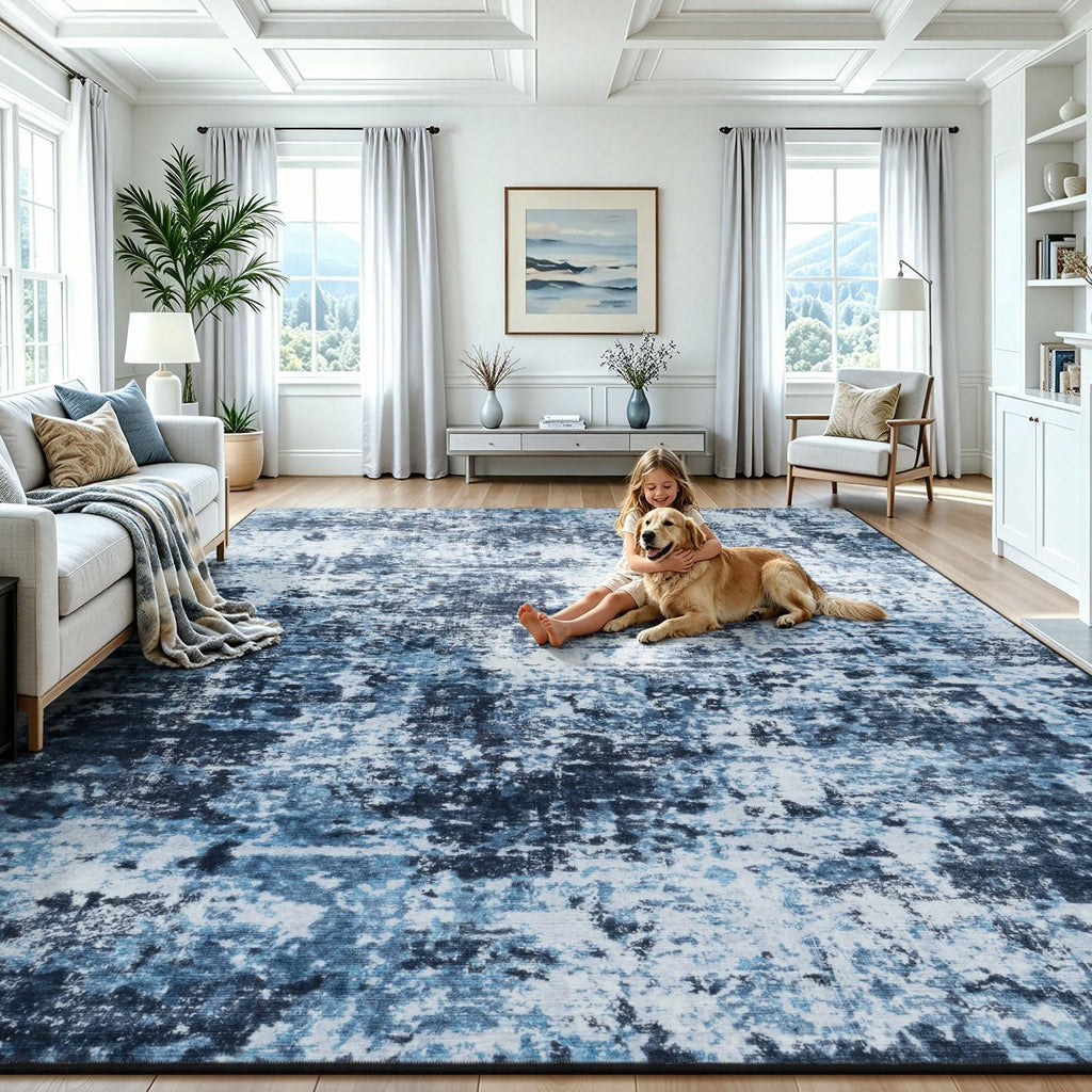 Lessymo Washable 8x10 Area Rugs for Living Room Bedroom, Abstract Navy Blue