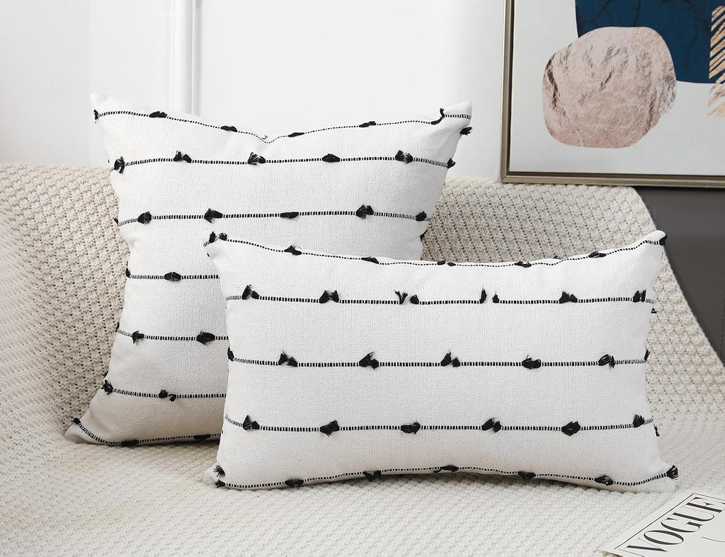 NUYECY Set of 2 Boho Throw Pillow Covers 30x30,Black Off White Neutral Couch Pillow Case with Tassel Fringe Decorative，Modern Accent Farmhouse Cushion Covers for Sofa Couch Bed Living Room