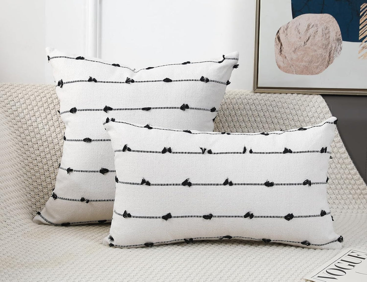 NUYECY Set of 2 Boho Throw Pillow Covers 30x30,Black Off White Neutral Couch Pillow Case with Tassel Fringe Decorative，Modern Accent Farmhouse Cushion Covers for Sofa Couch Bed Living Room