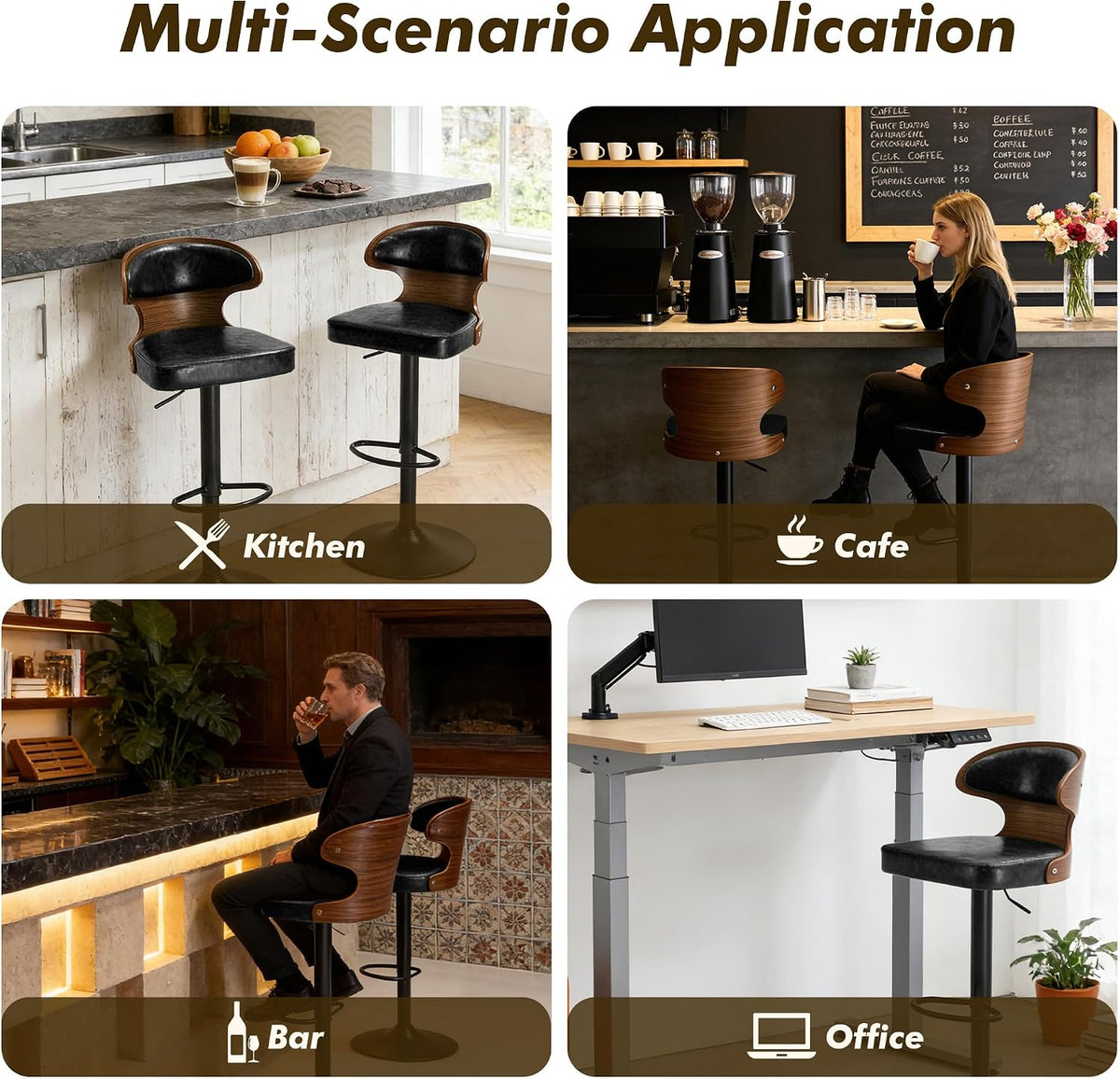 Bar Stool, 360° Swivel Barstools with Solid Wood Back and Footrest, Leather Adjustable Counter Height Chairs for Bar, Kitchen, Dining Room (Black)