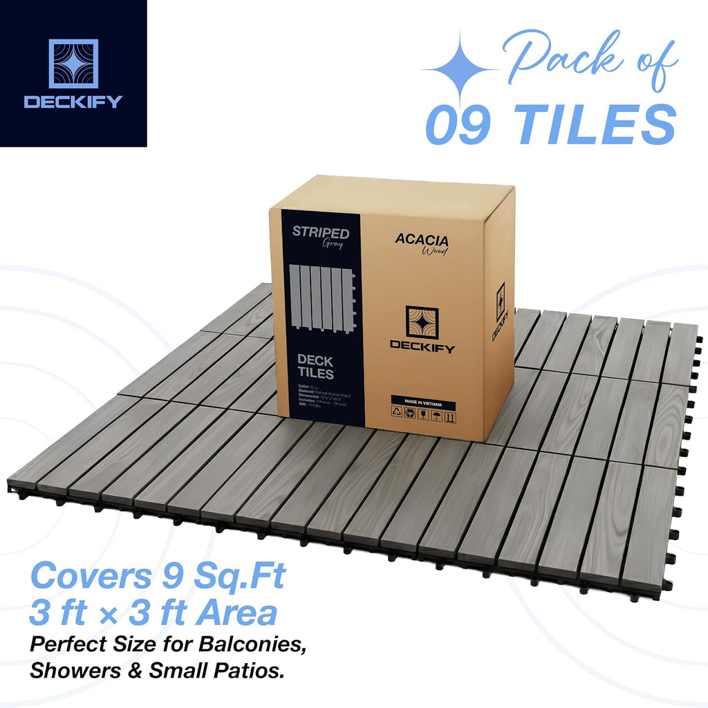 Acacia Interlocking Deck Tiles Outdoor Waterproof All Weather, Grey Striped