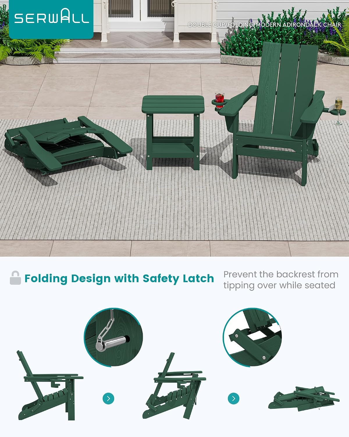 SERWALL Modern Folding Adirondack Chairs Set of 2, HDPE, Cup Holders, Green