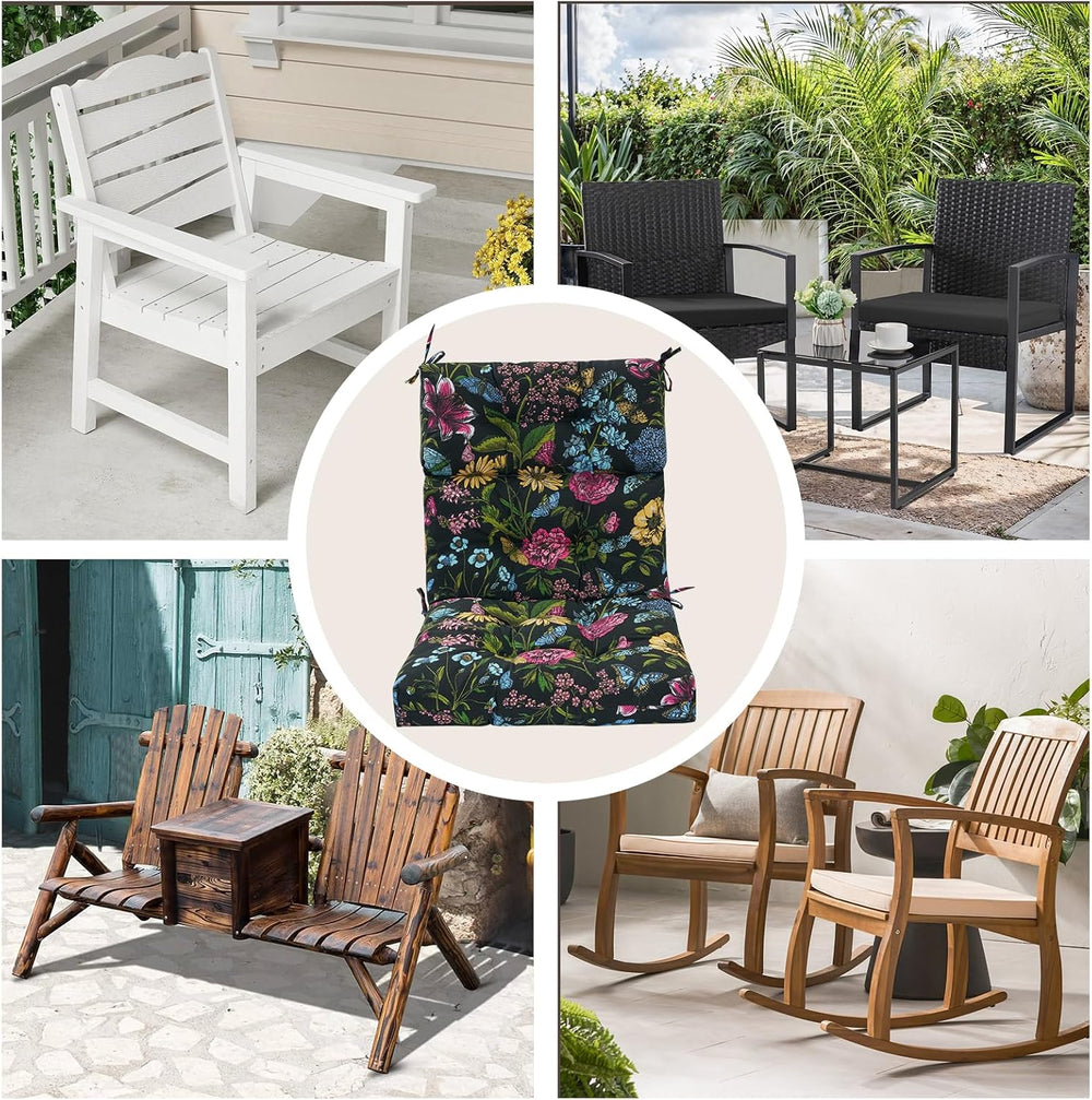 Indoor/Outdoor High Back Chair Cushions Set of 2-Black Flower Butterfly