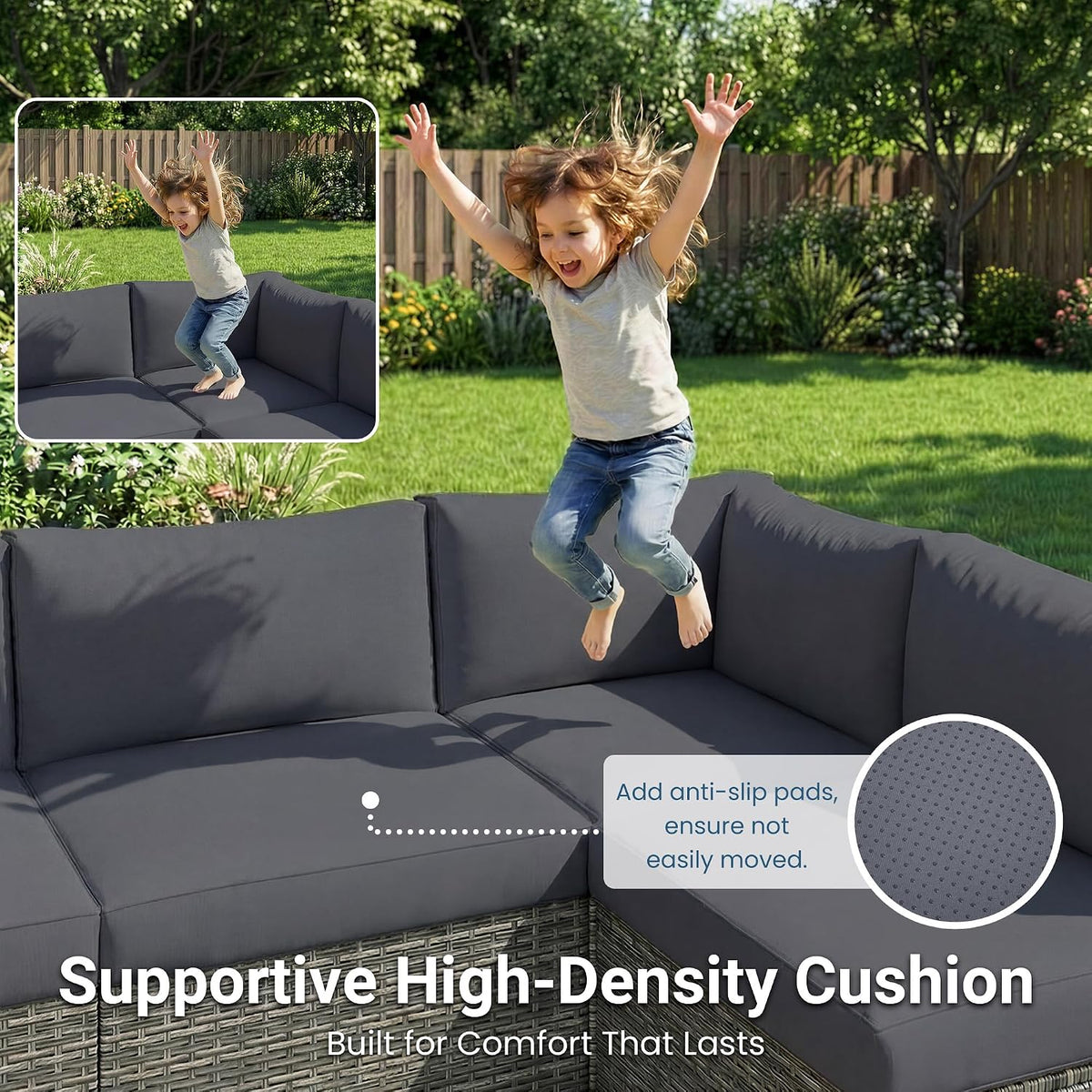 Wisteria Lane 7 Pieces Wicker Patio Furniture Set, All-Weather Patio Sectional Sofa with Coffee Table, Outdoor Sectional Furniture for Garden Backyard, Grey